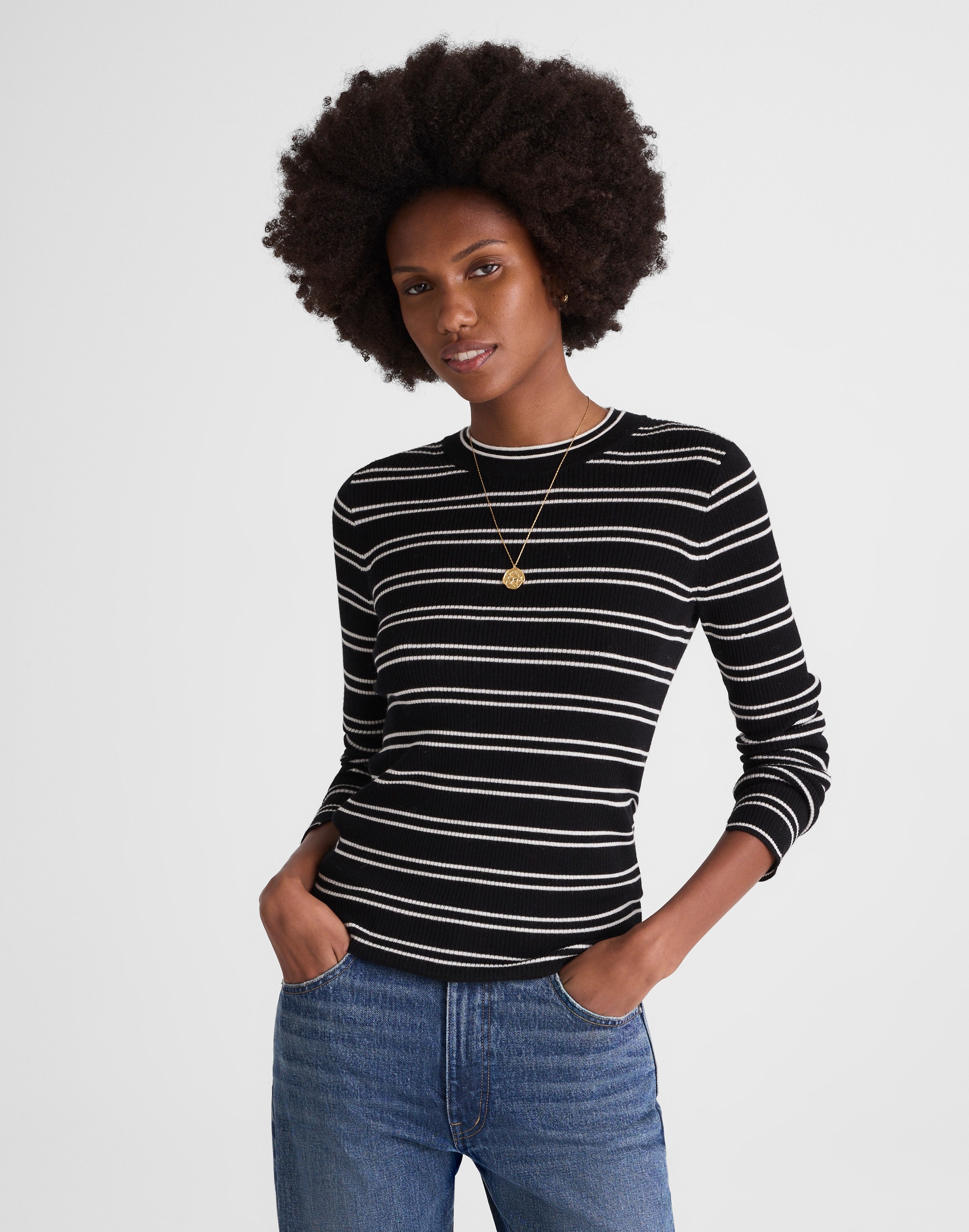 Slit-Sleeve Crewneck Sweater Stripe
