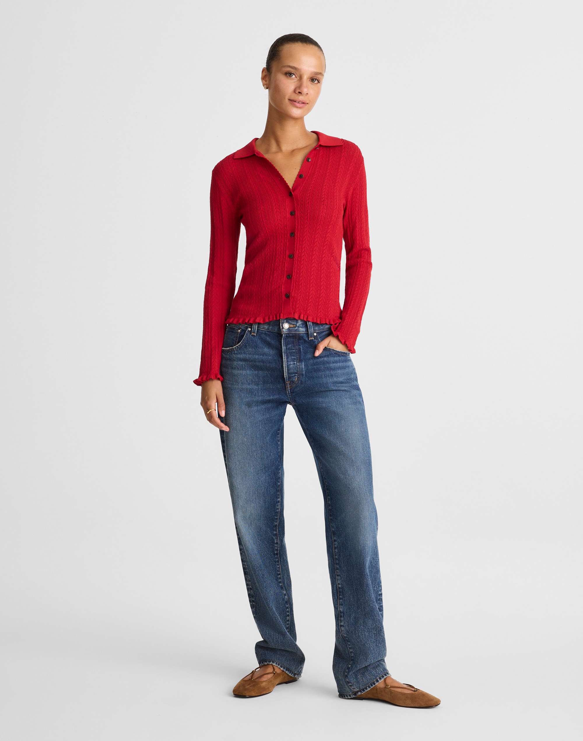 Madewell Ruffle-trim Pointelle Cardigan In Red