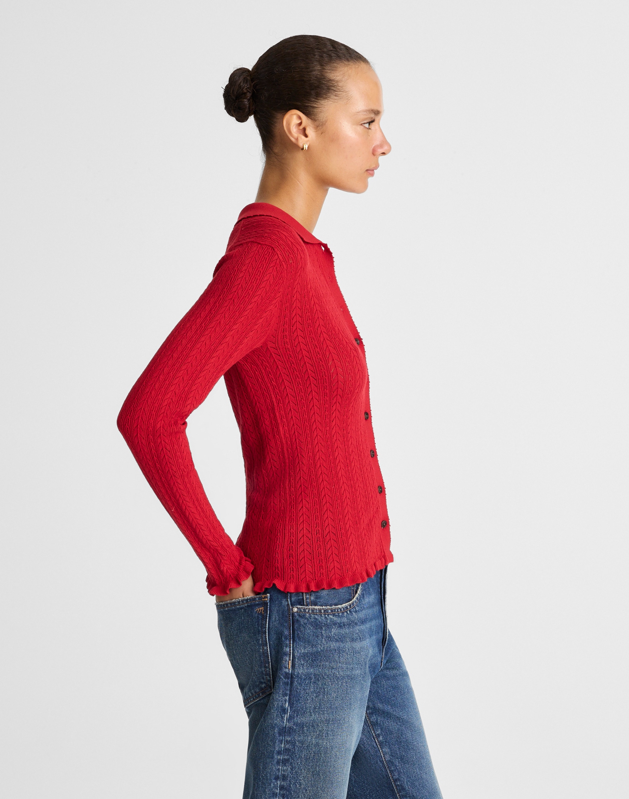 Ruffle-Trim Pointelle Cardigan