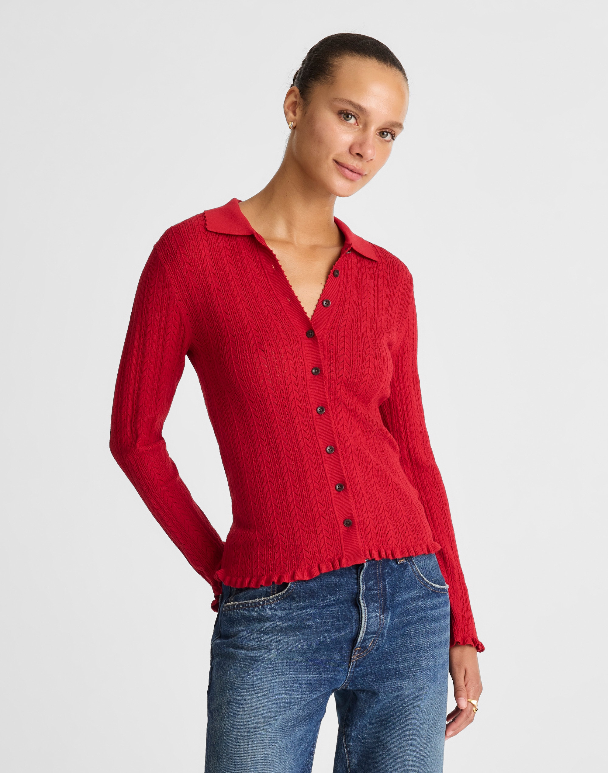 Madewell Ruffle-trim Pointelle Cardigan In Red