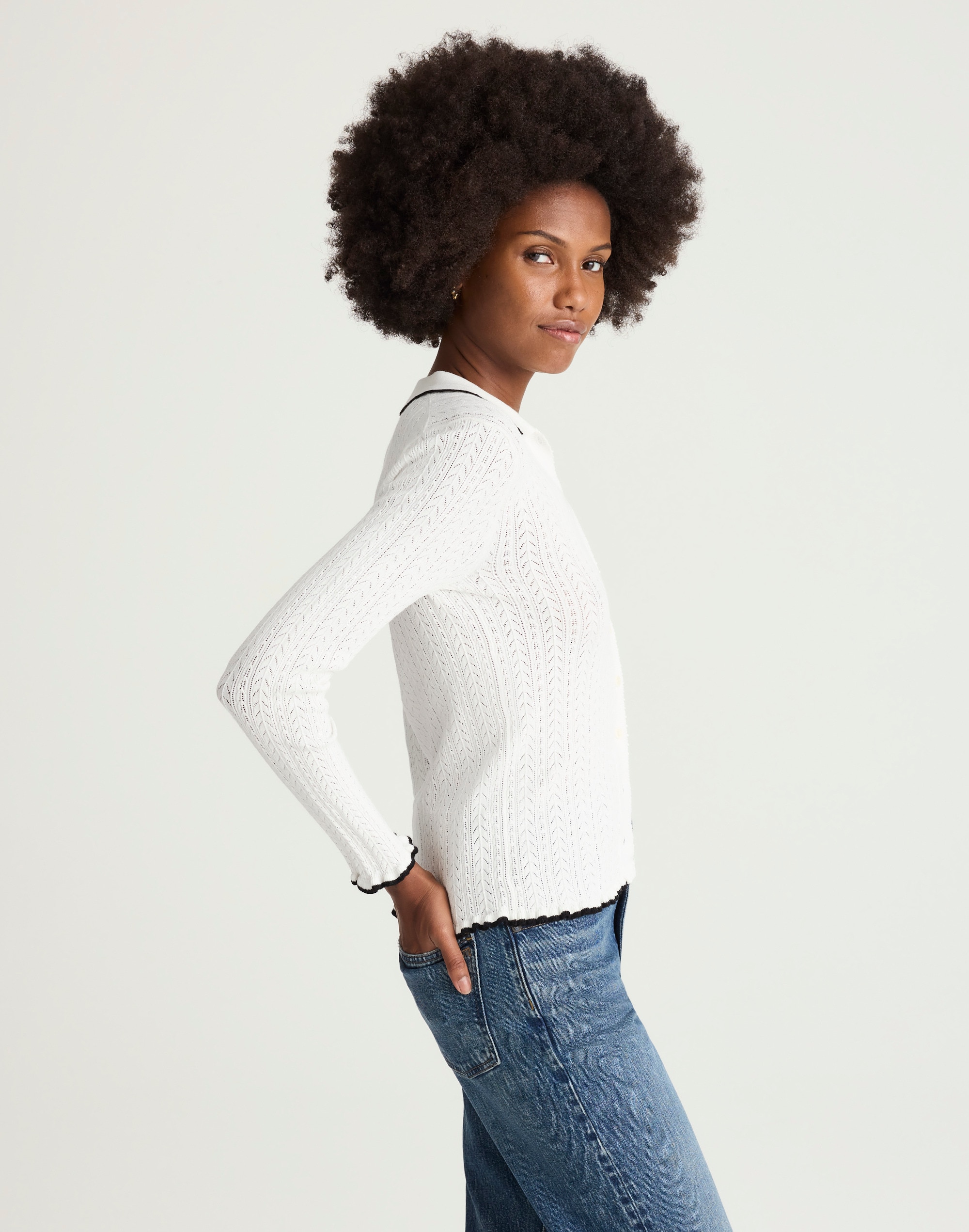 Ruffle-Trim Pointelle Cardigan