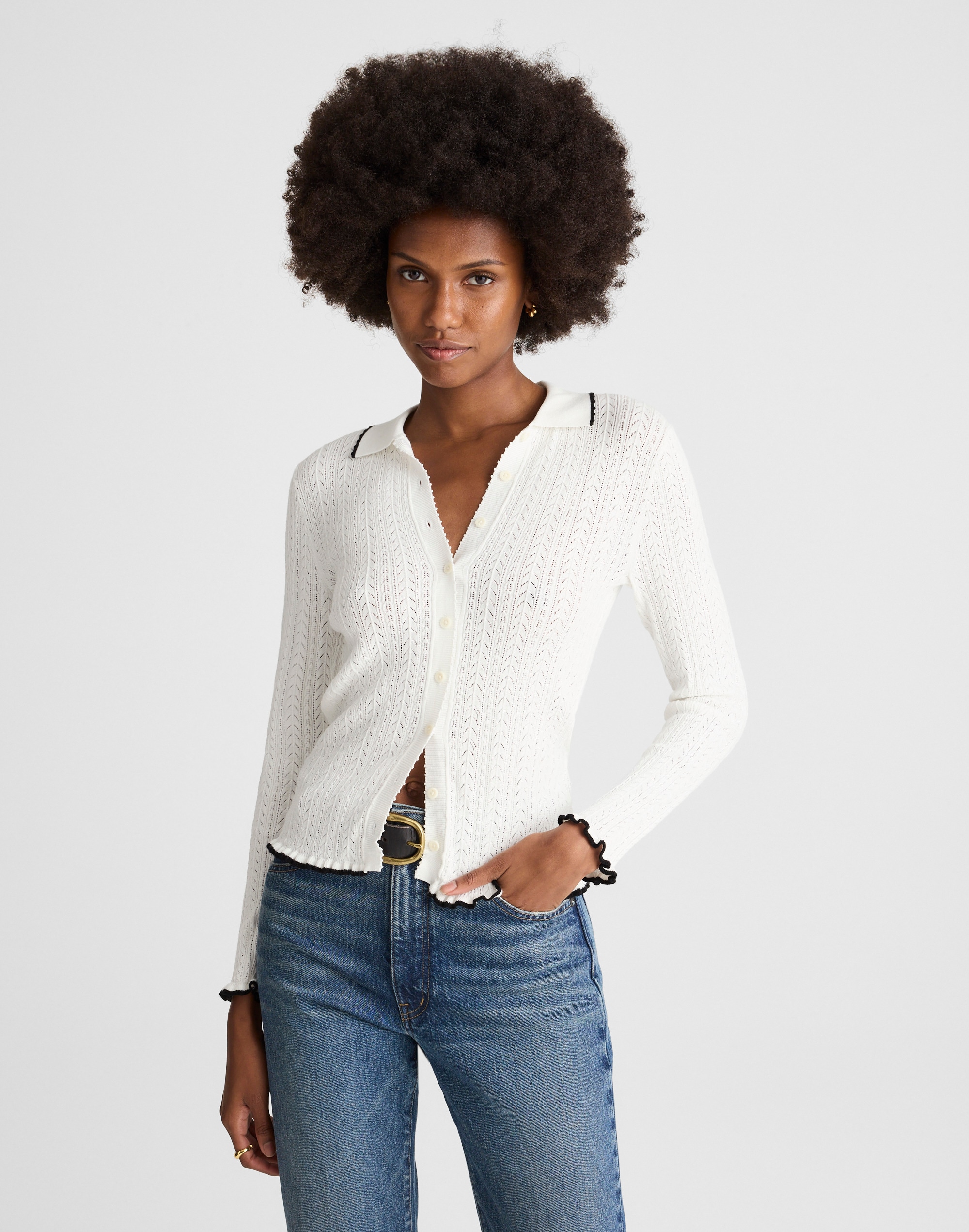 Madewell Ruffle-trim Pointelle Cardigan In White
