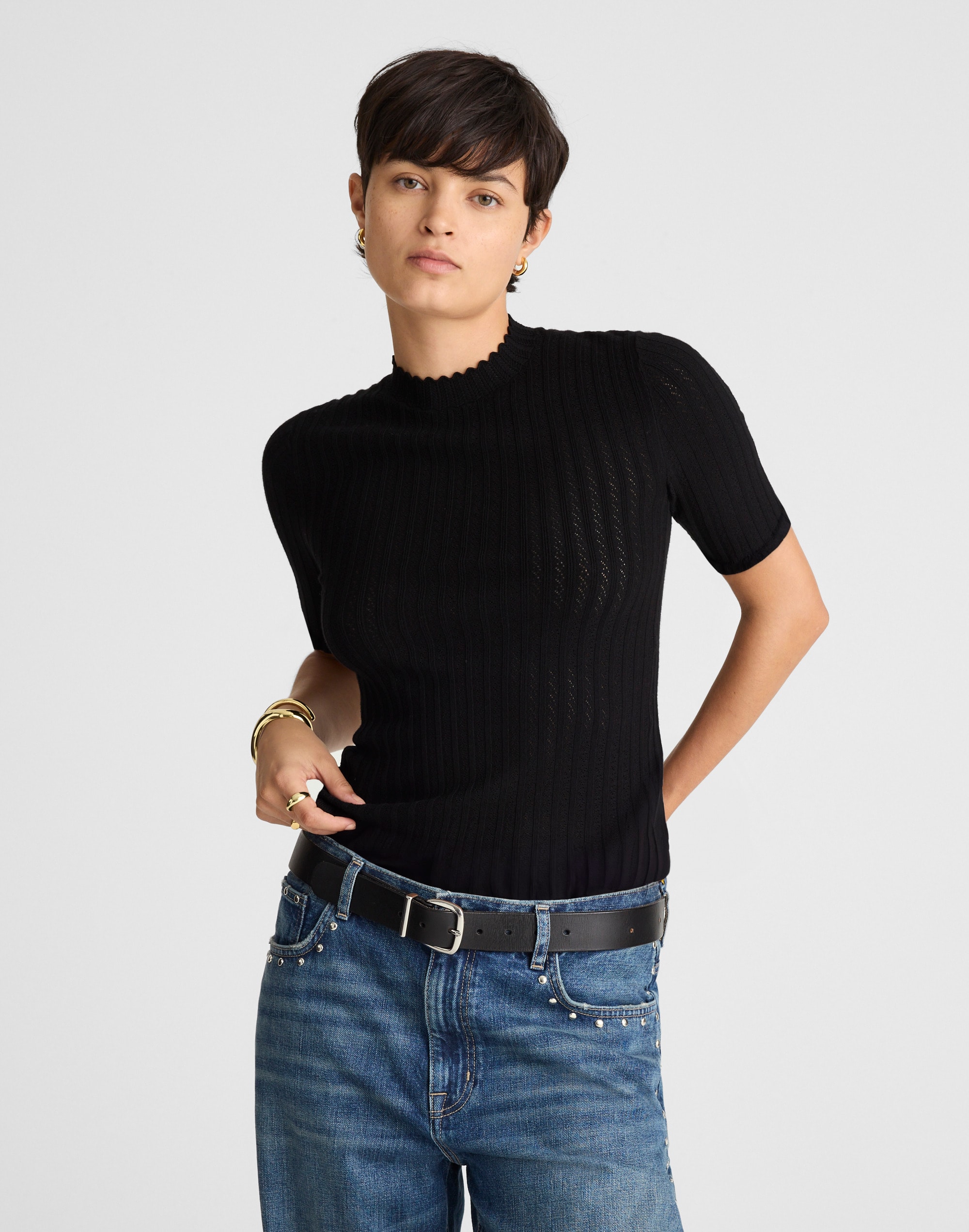 Pointelle-Stitch Mockneck Sweater Tee