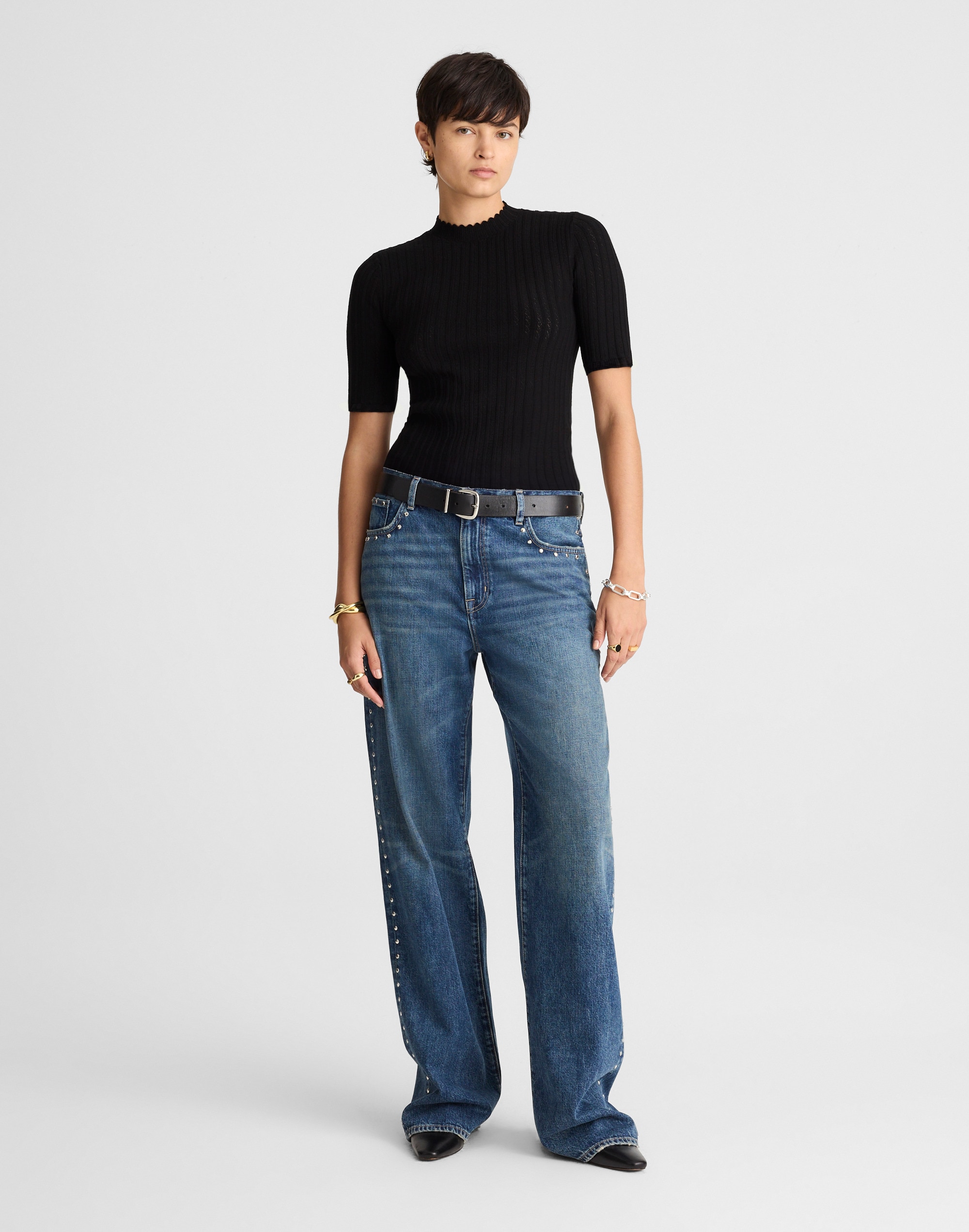 Pointelle-Stitch Mockneck Sweater Tee