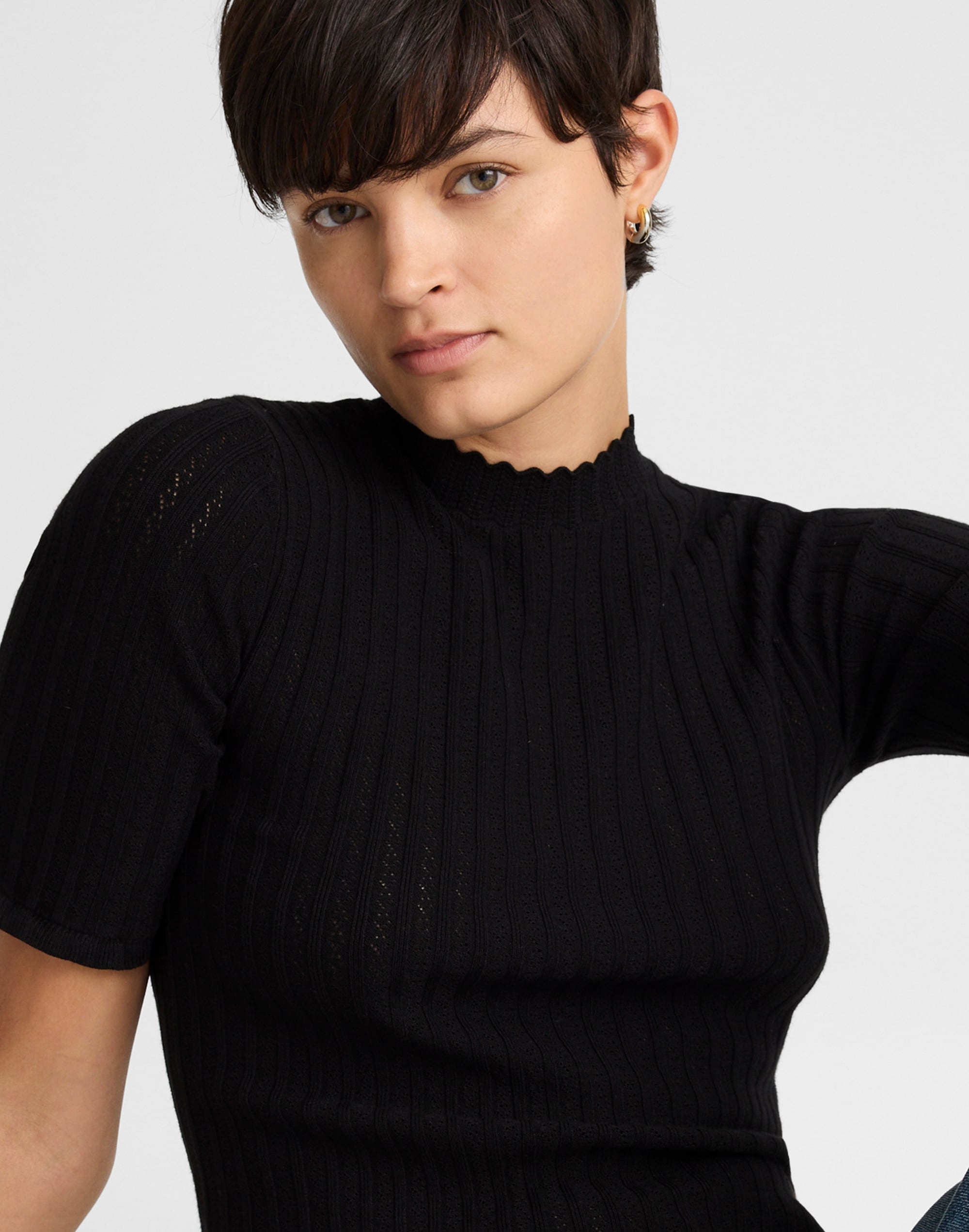 Madewell Pointelle-stitch Mockneck Sweater Tee In Black