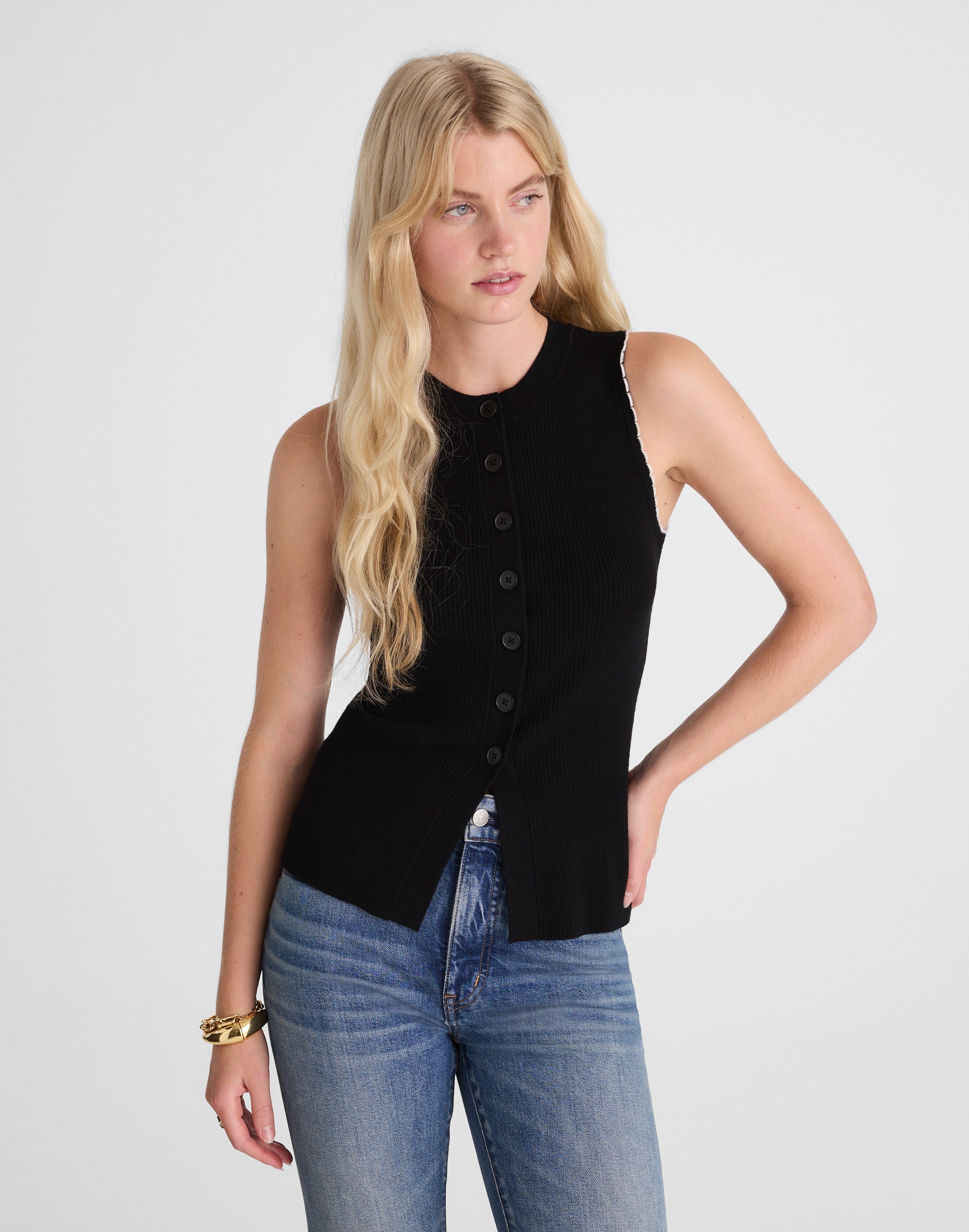 Button-Front Sweater Vest Merino-Blend