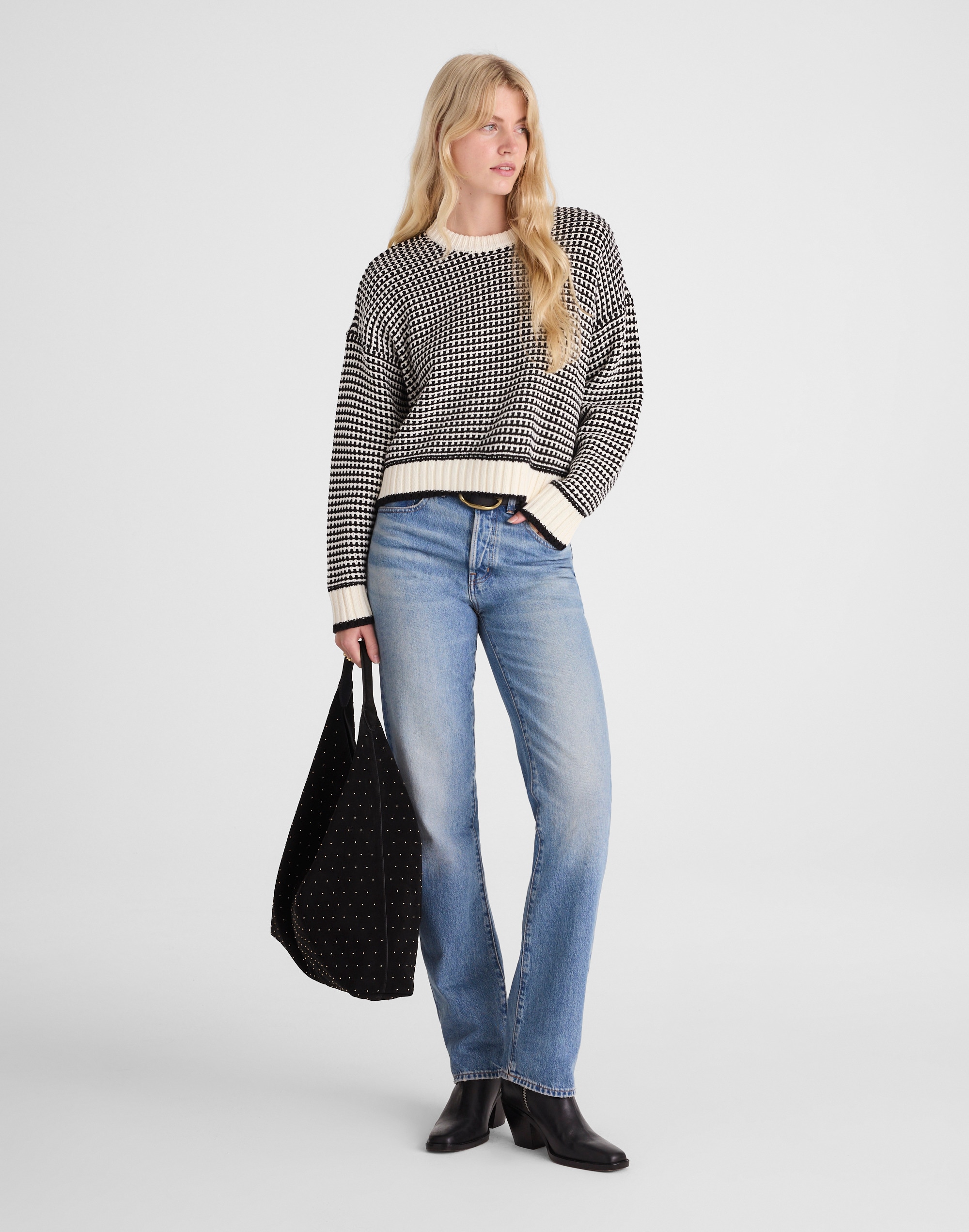 Textured-Stitch Crewneck Sweater in 100% Cotton