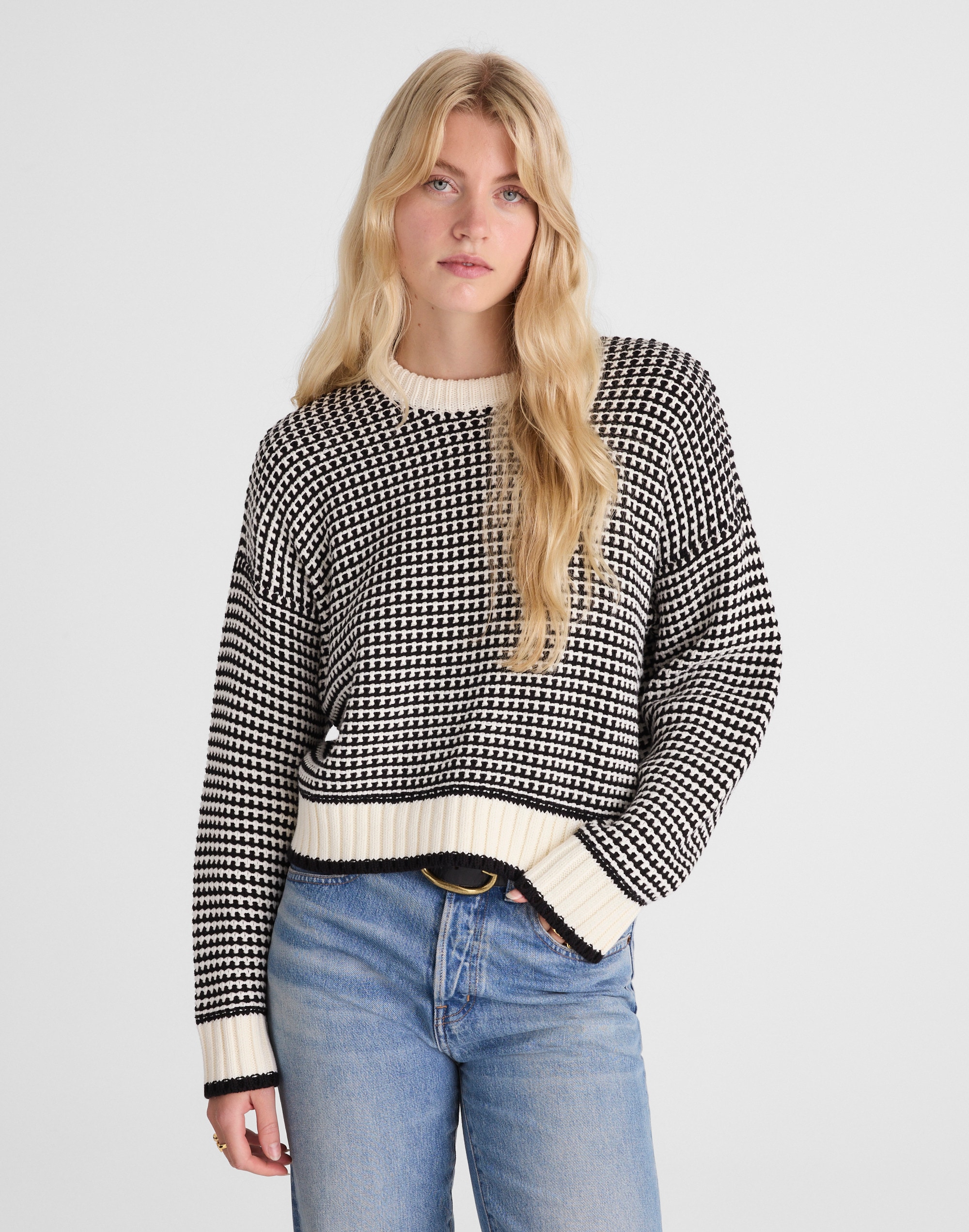 Textured-Stitch Crewneck Sweater in 100% Cotton