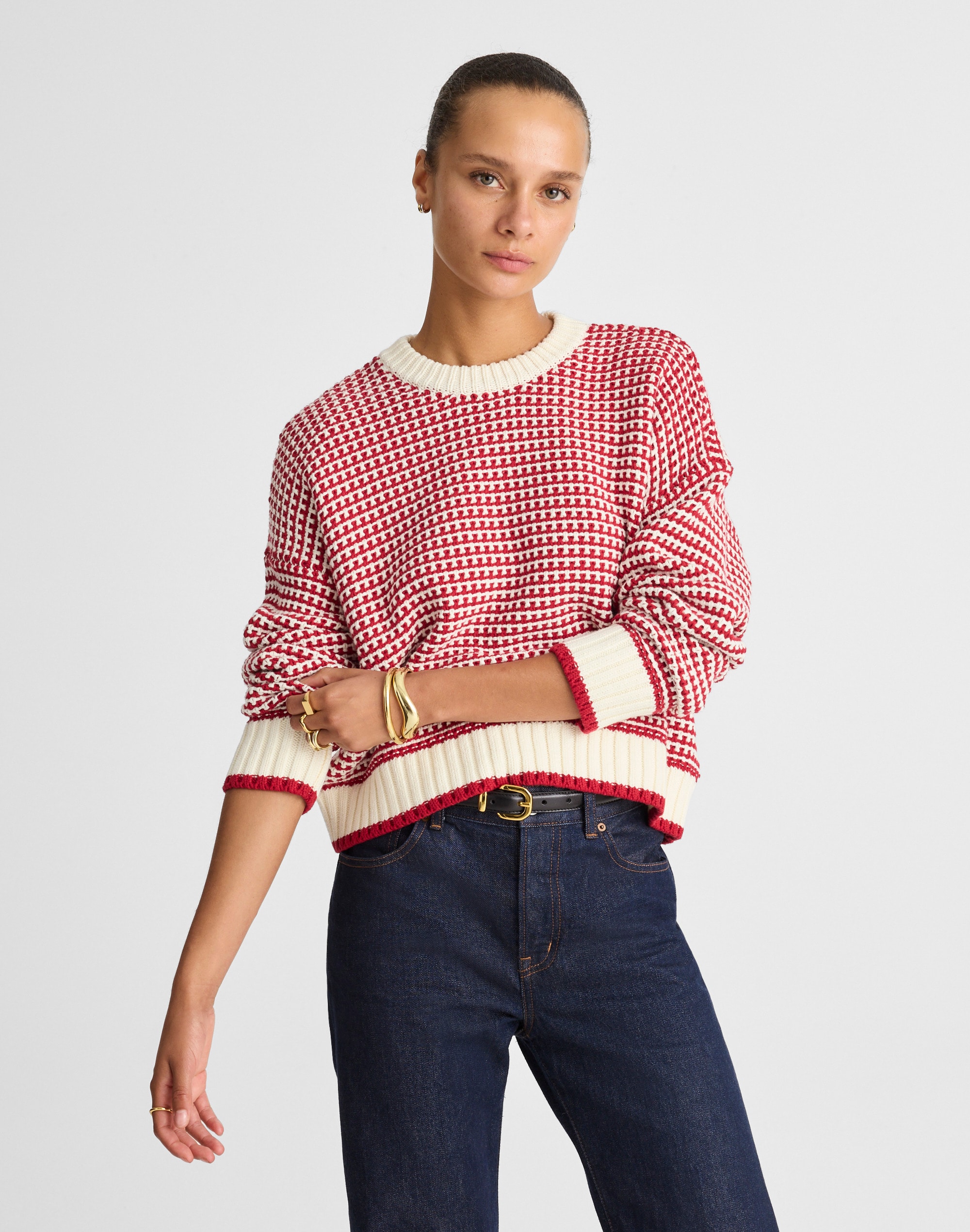 Textured-Stitch Crewneck Sweater 100% Cotton
