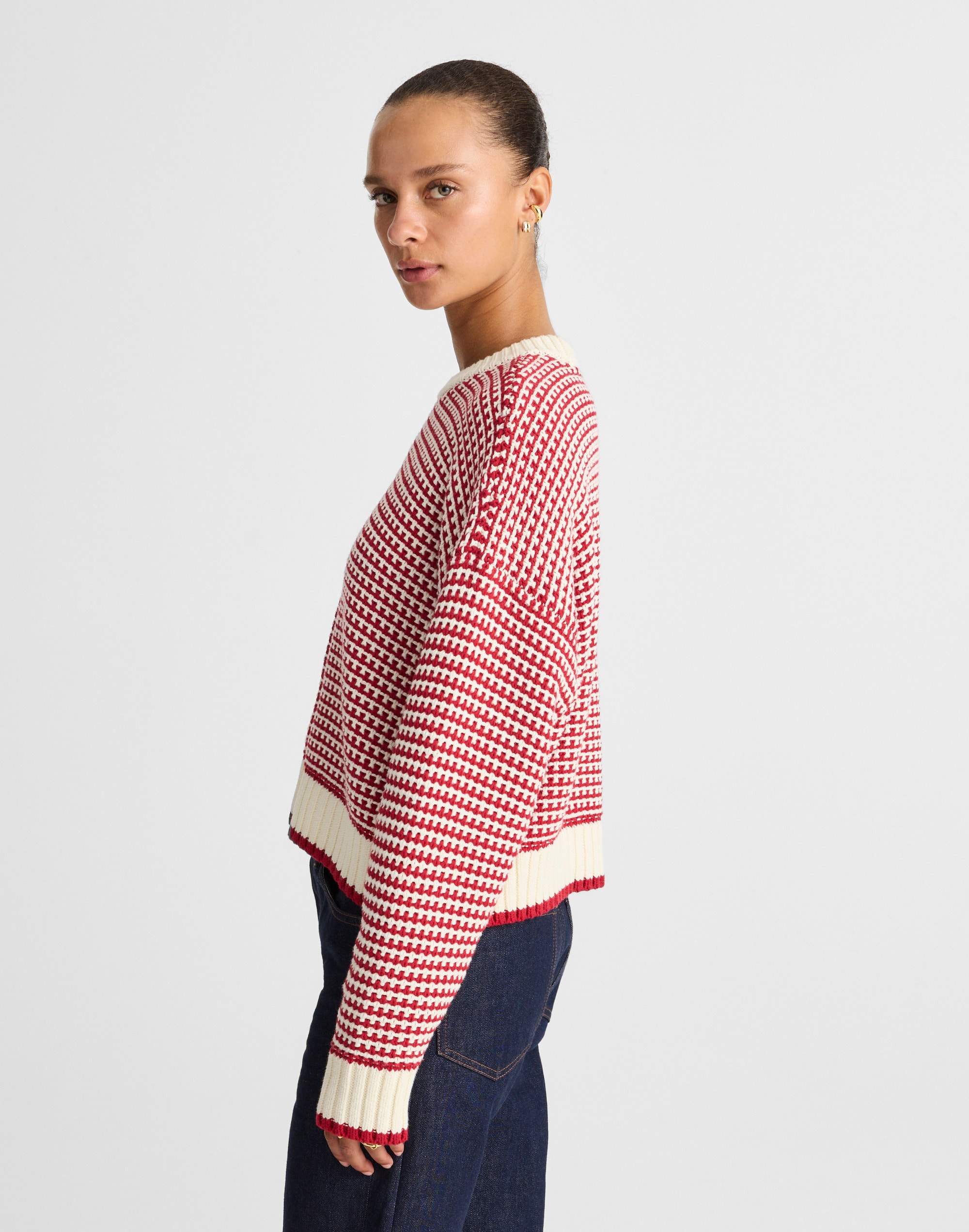 Textured-Stitch Crewneck Sweater 100% Cotton