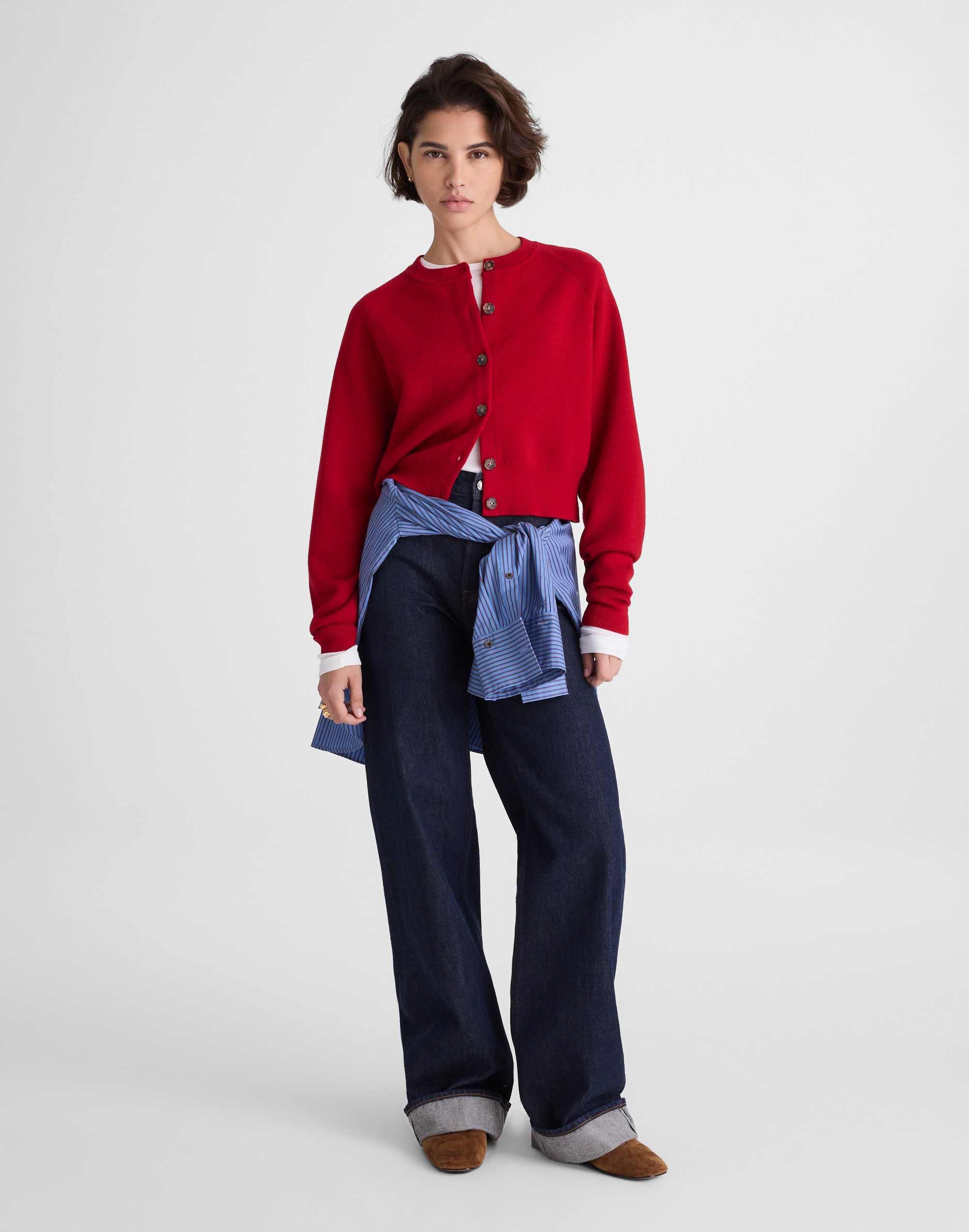 Raglan-Sleeve Cropped Cardigan Merino Wool