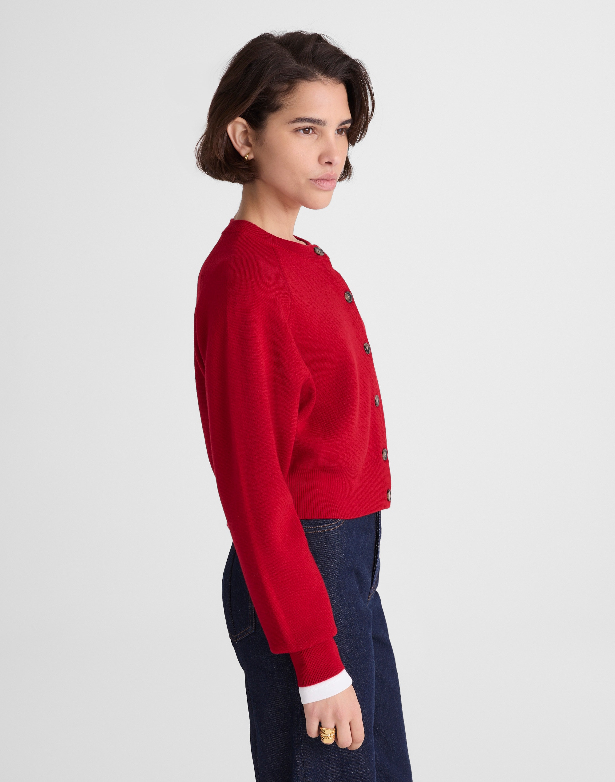 Raglan-Sleeve Cropped Cardigan Merino Wool