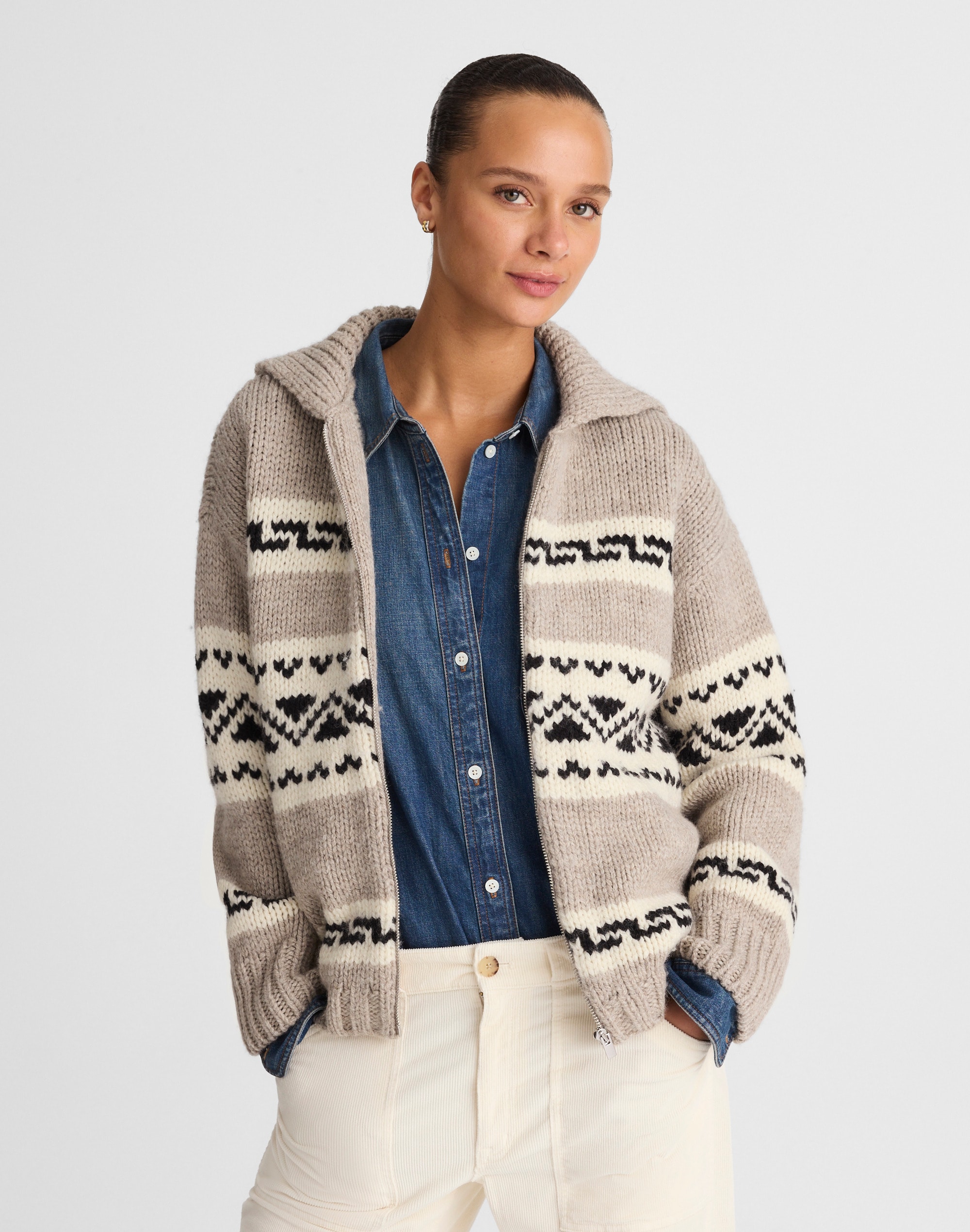 Fair Isle Zip-Front Cardigan Jacket in Wool