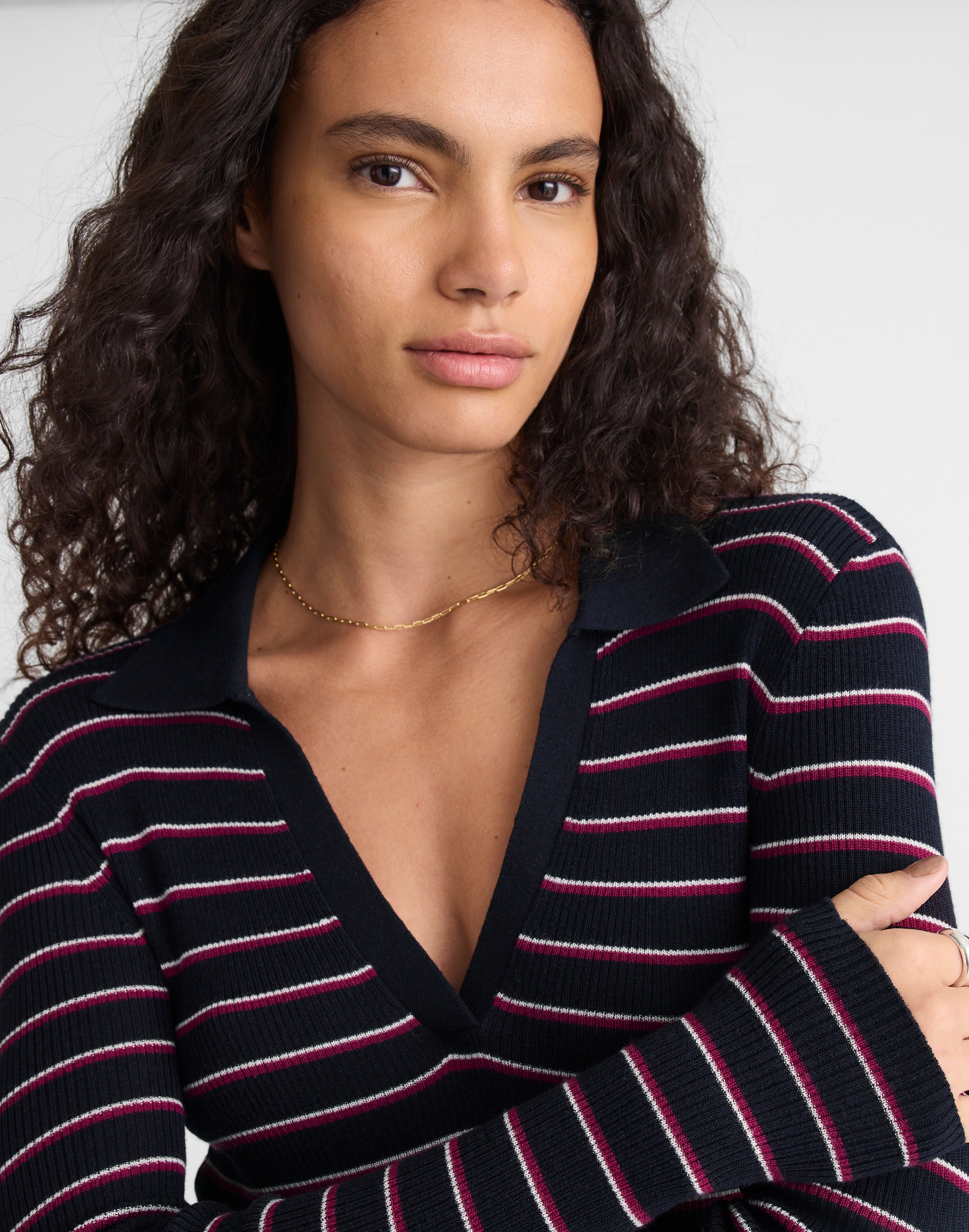 Madewell Johnny-collar Long-sleeve Sweater Top In Multi