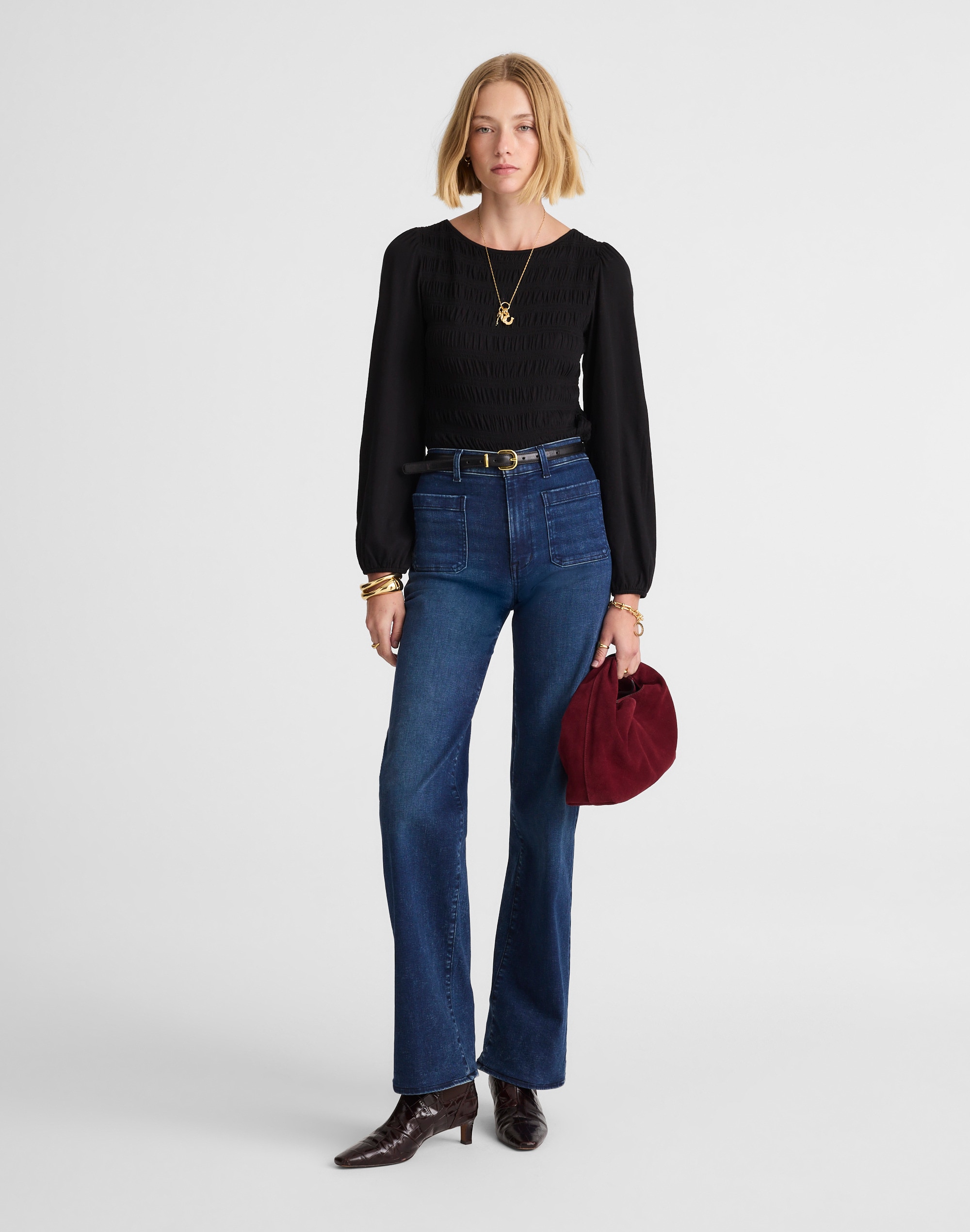 Madewell Smocked Boatneck Top In Black