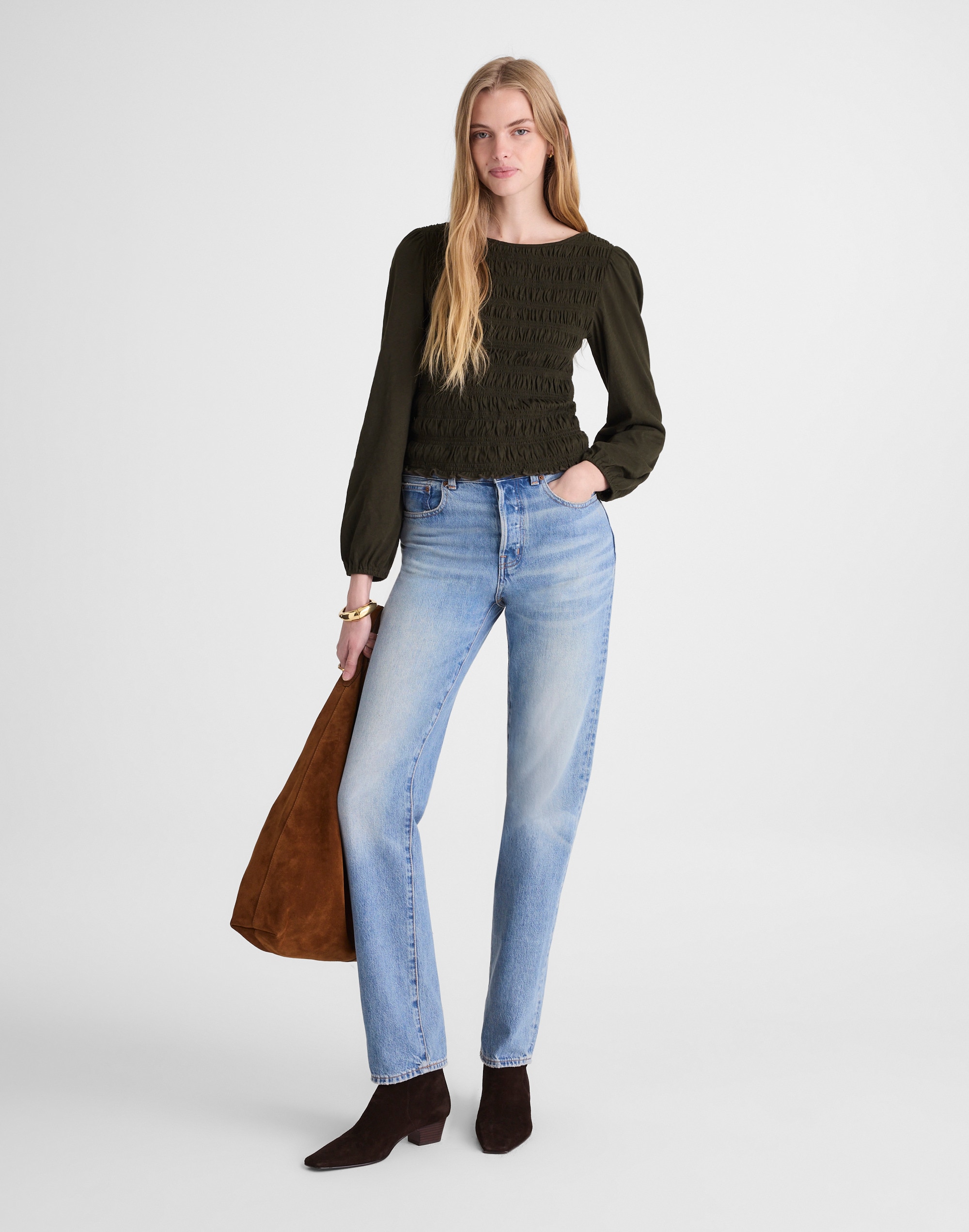 Madewell Smocked Boatneck Top In Green