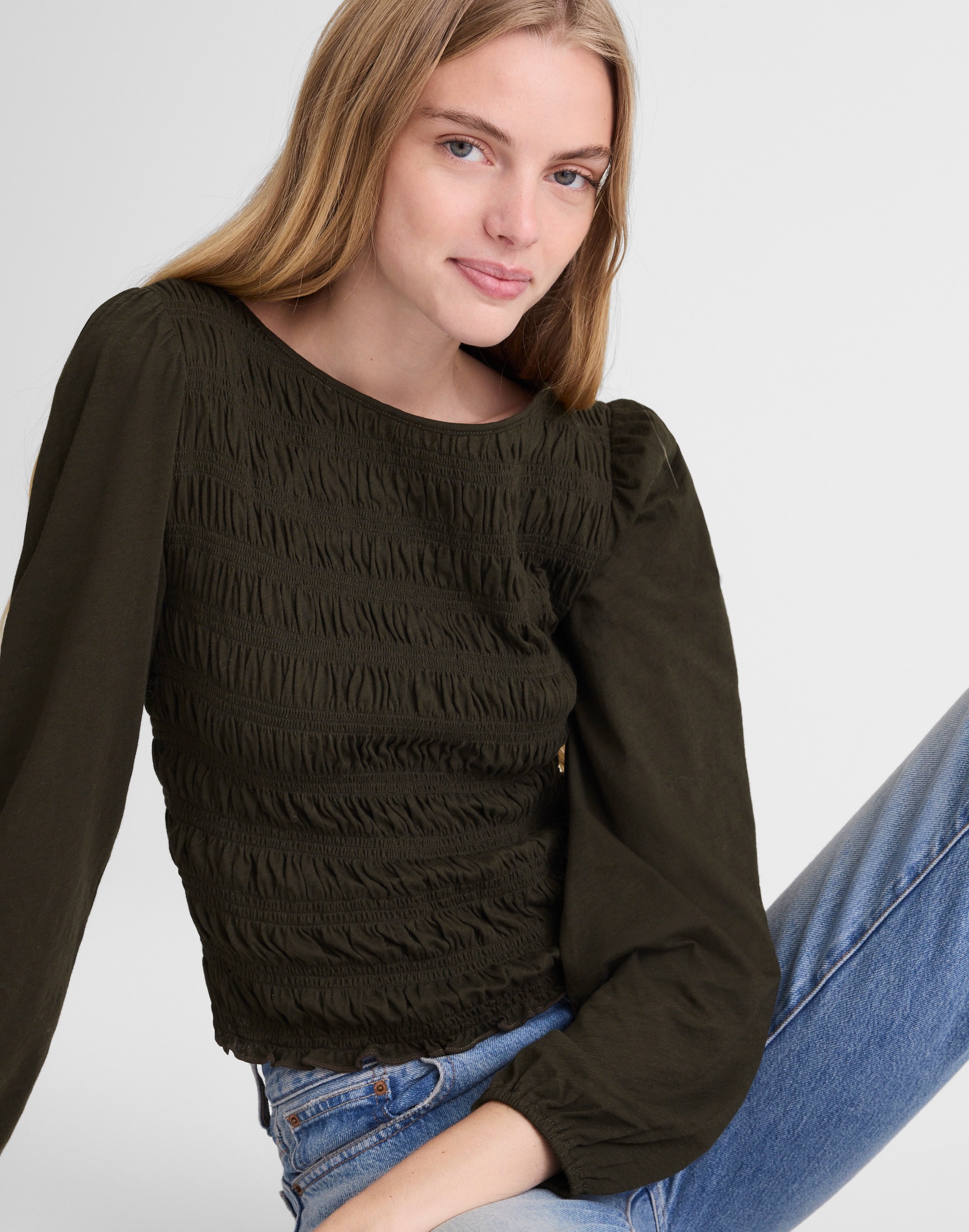 Madewell Smocked Boatneck Top In Green