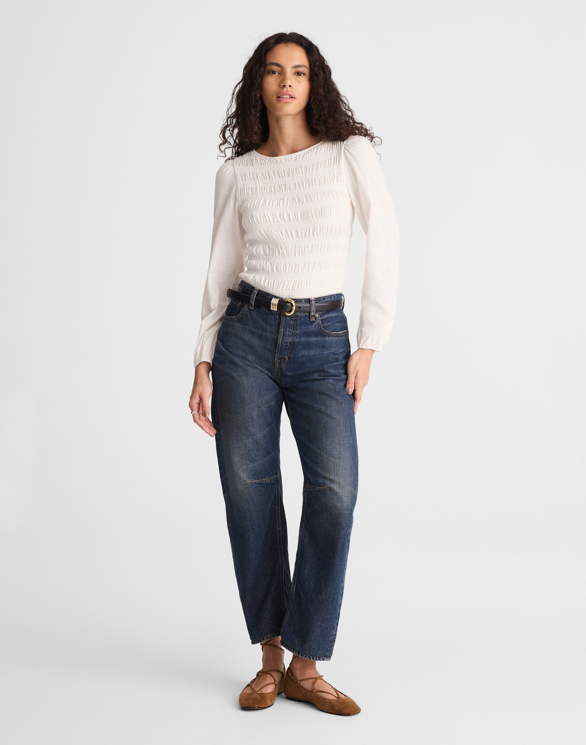 Madewell Smocked Boat Neck Long Sleeve Cotton Top In White