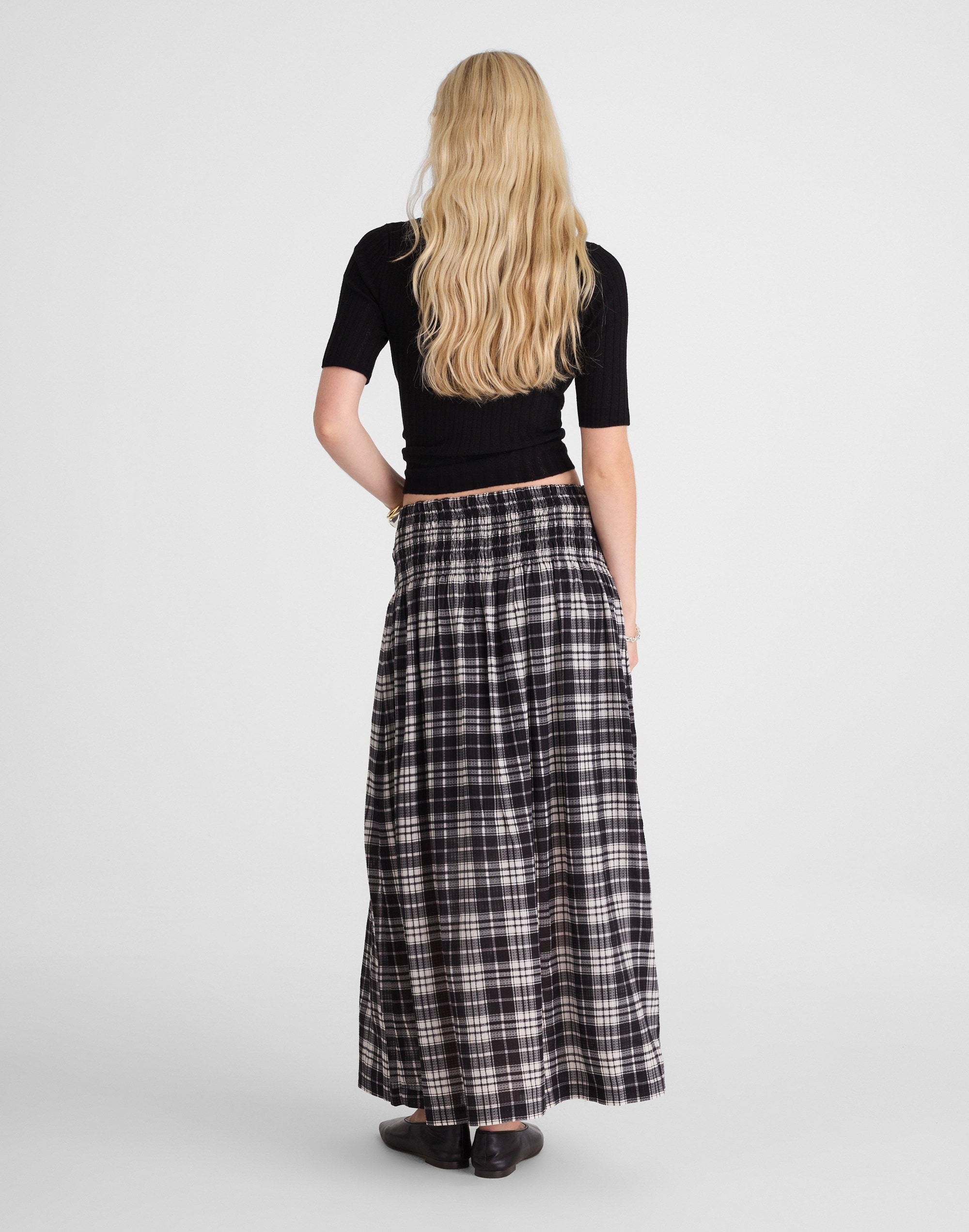 Smocked-Waist Maxi Skirt Plaid