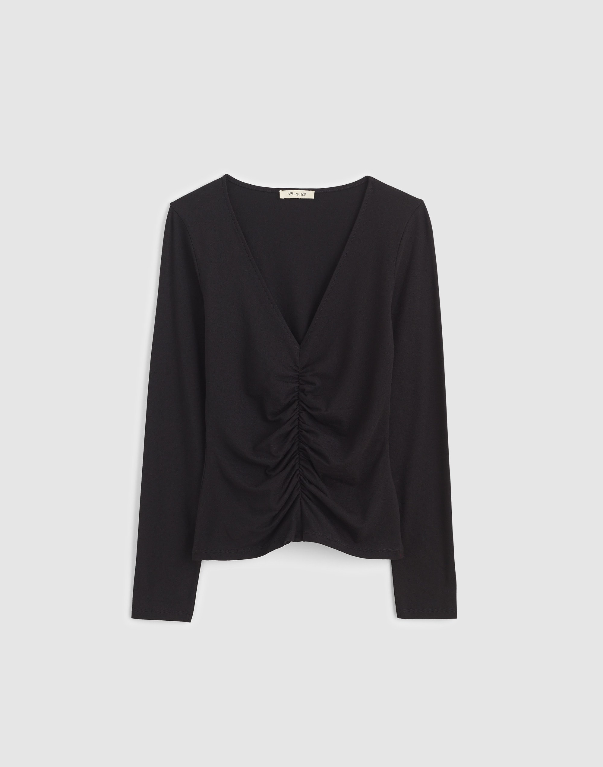 Madewell Shirred V-neck Long-sleeve Top In Black