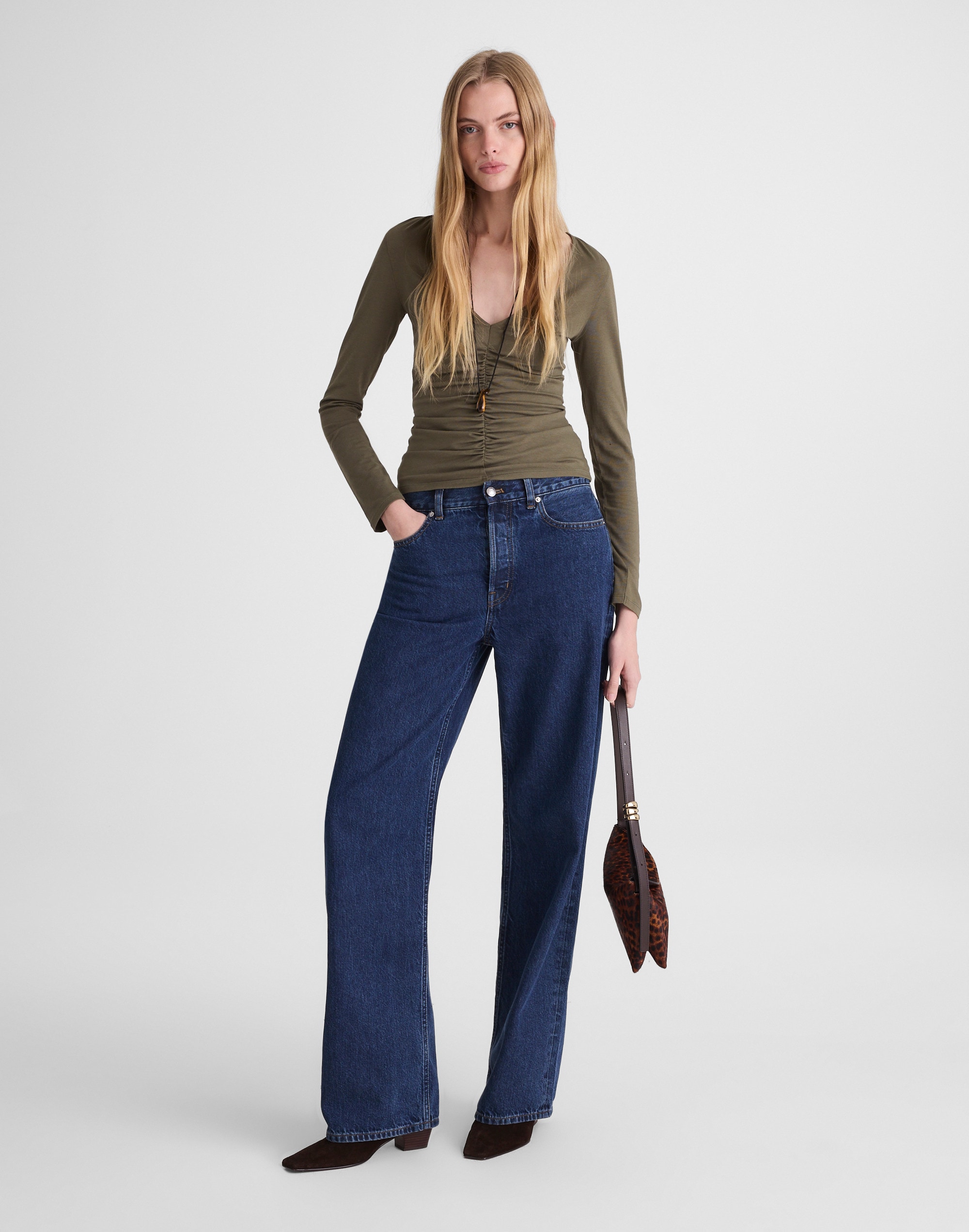 Madewell Shirred V-neck Long-sleeve Top In Green