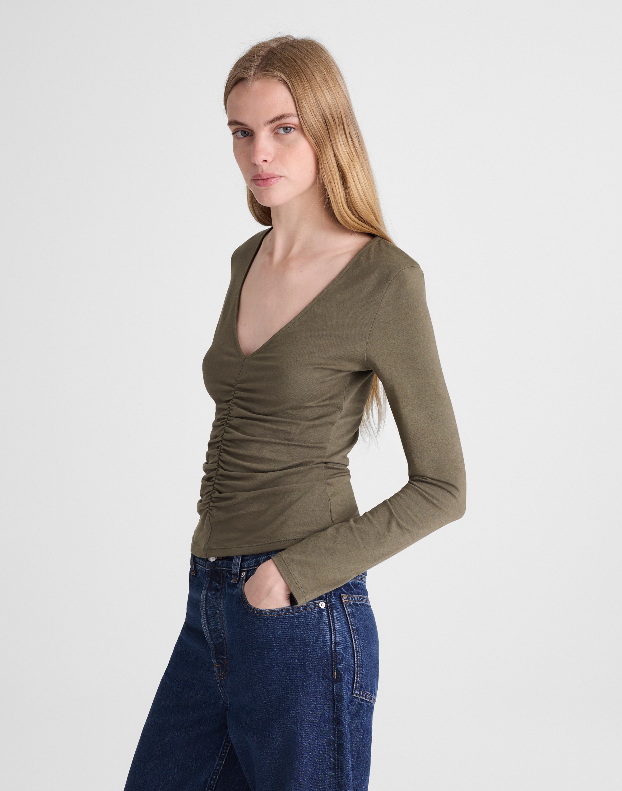 Shirred V-Neck Long-Sleeve Top