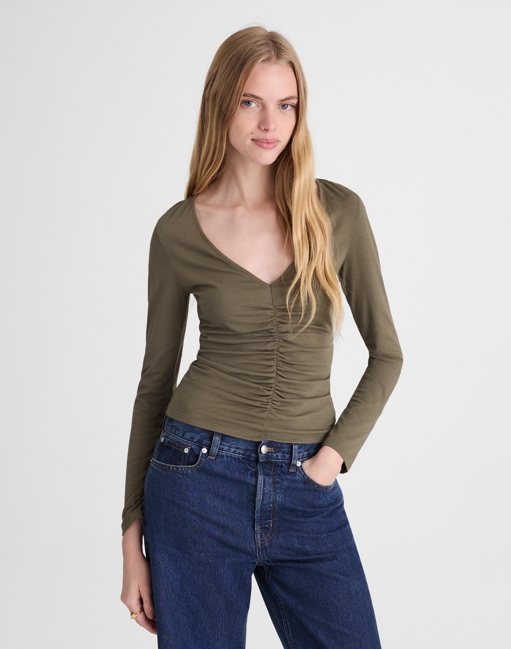 Shirred V-Neck Long-Sleeve Top