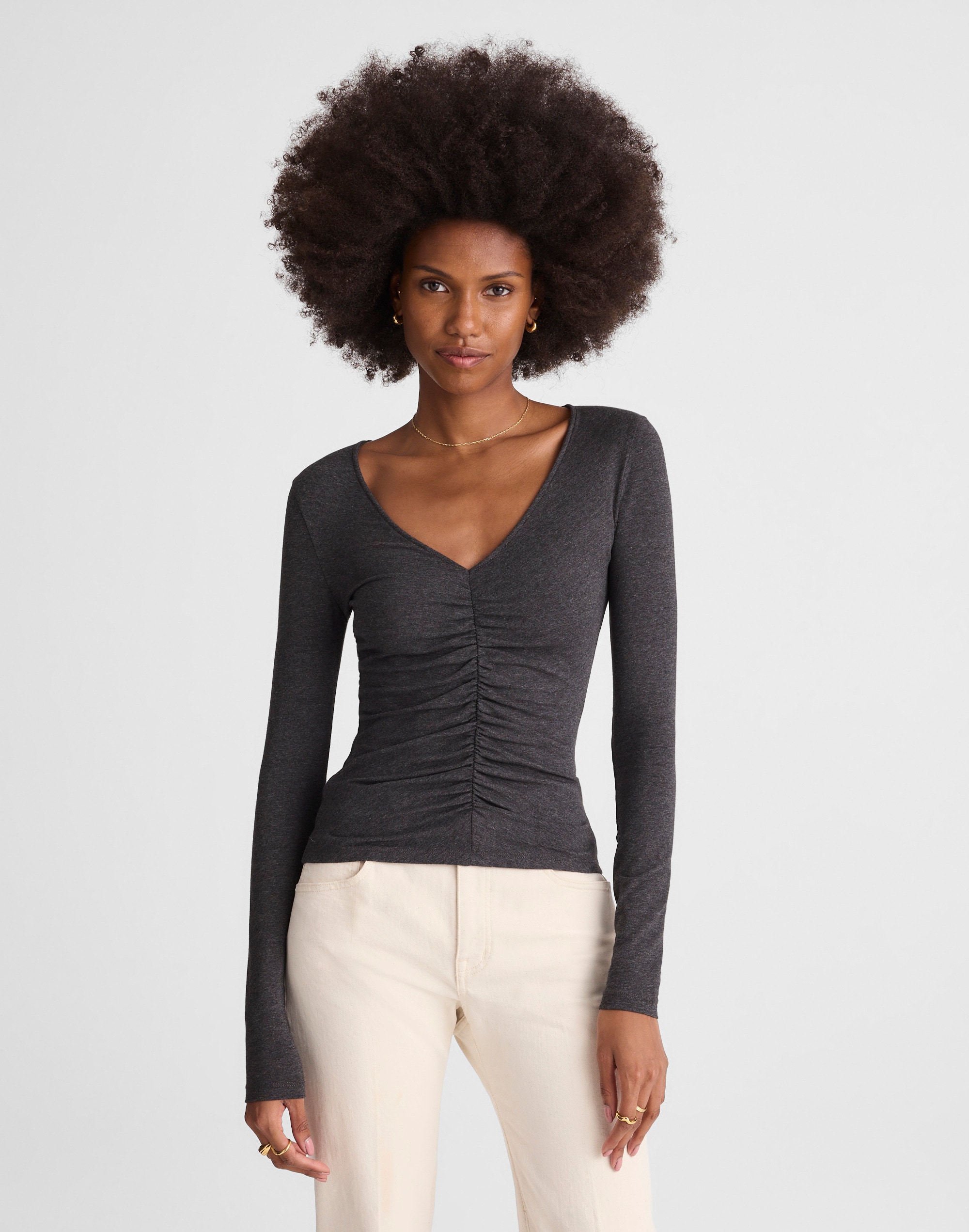 Madewell Shirred V-neck Long Sleeve Top In Gray