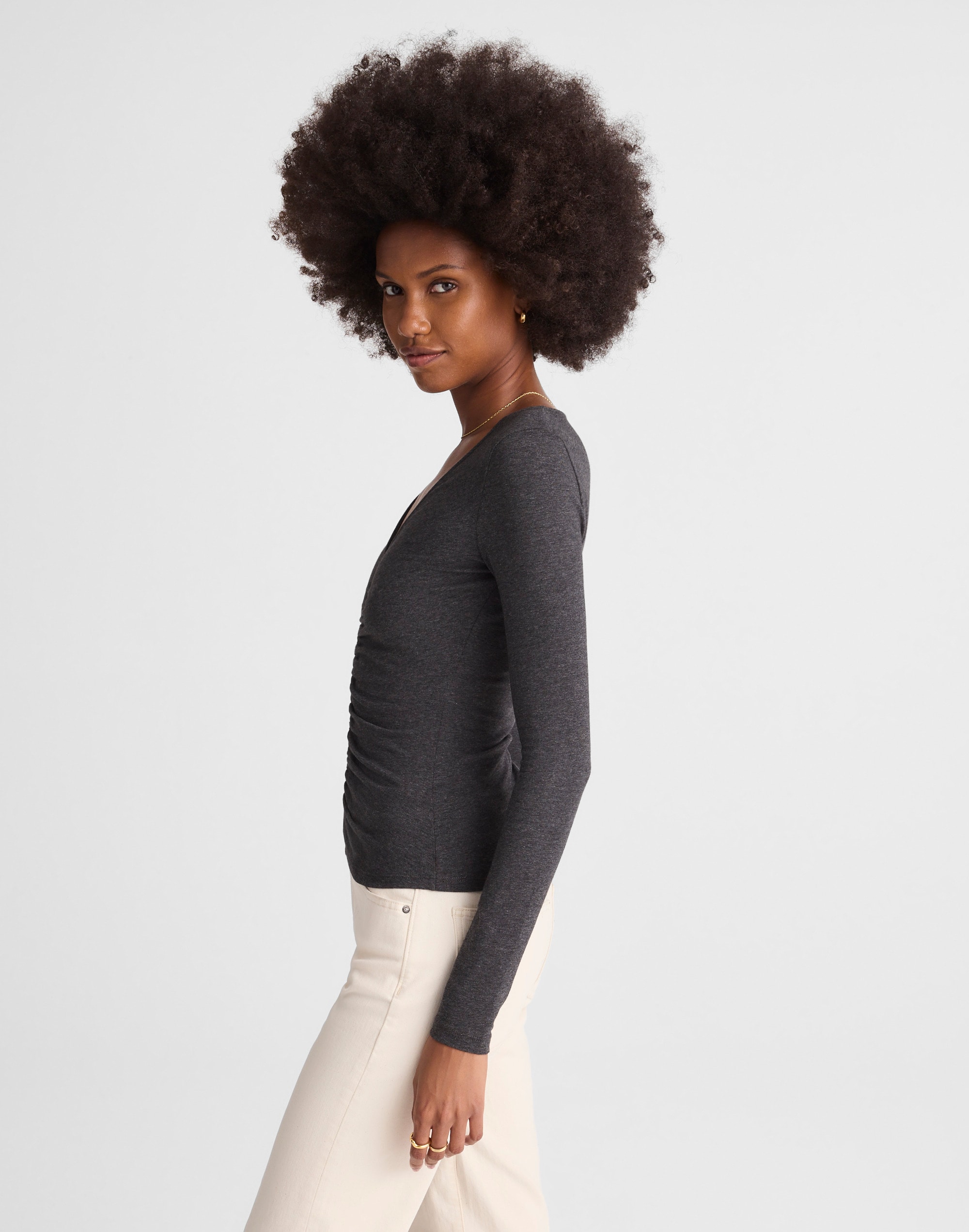 Shirred V-Neck Long-Sleeve Top