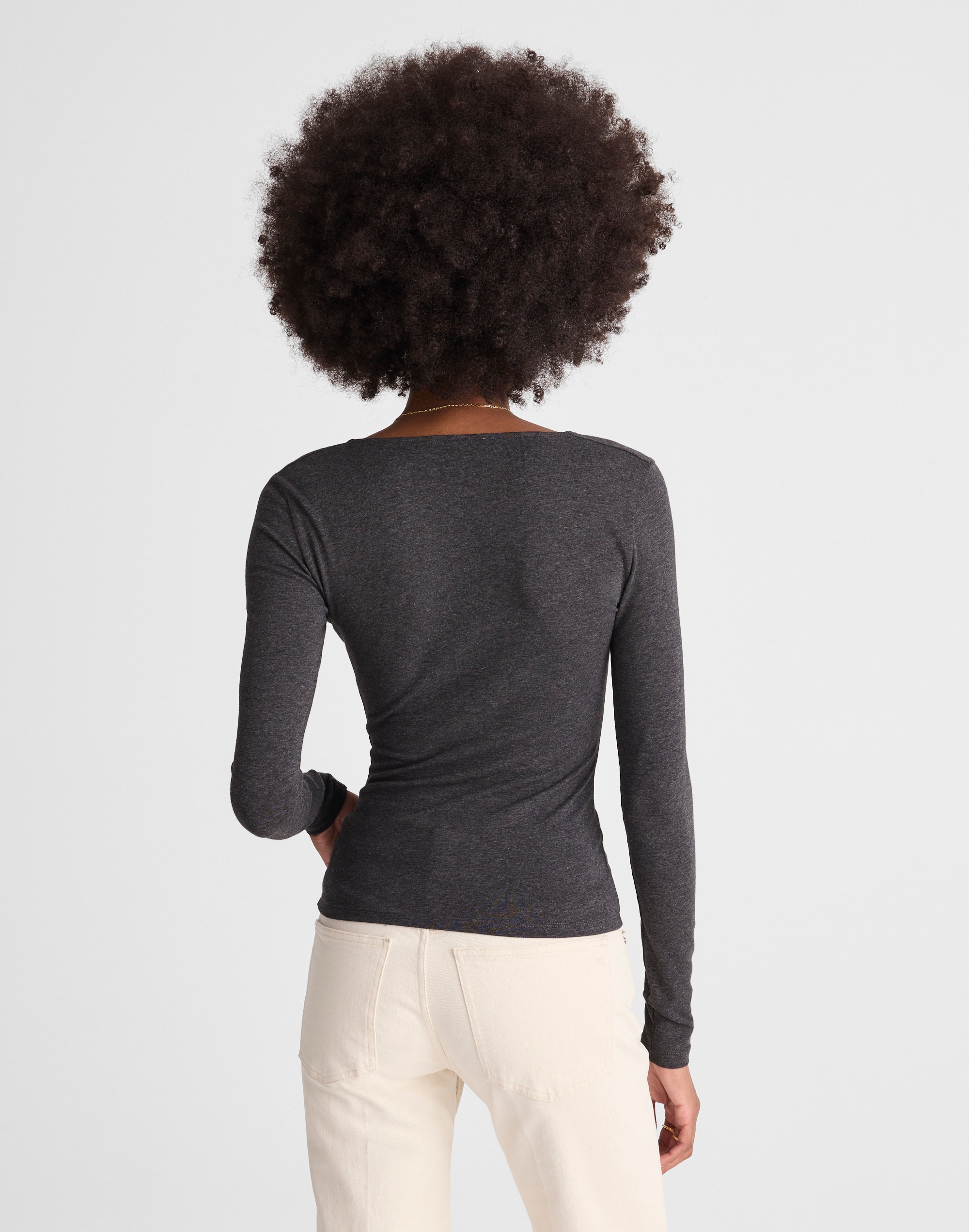 Shirred V-Neck Long-Sleeve Top
