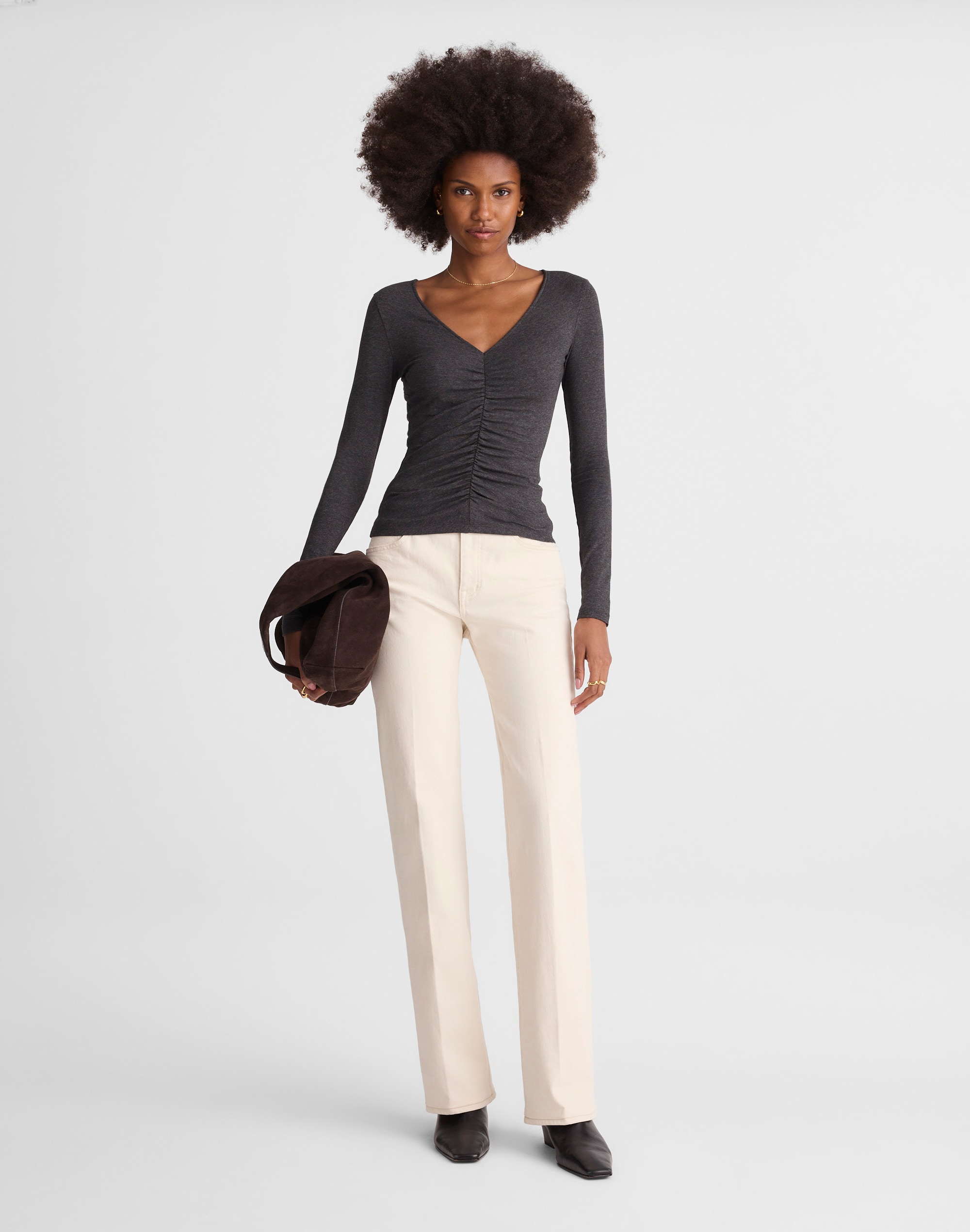 Shirred V-Neck Long-Sleeve Top