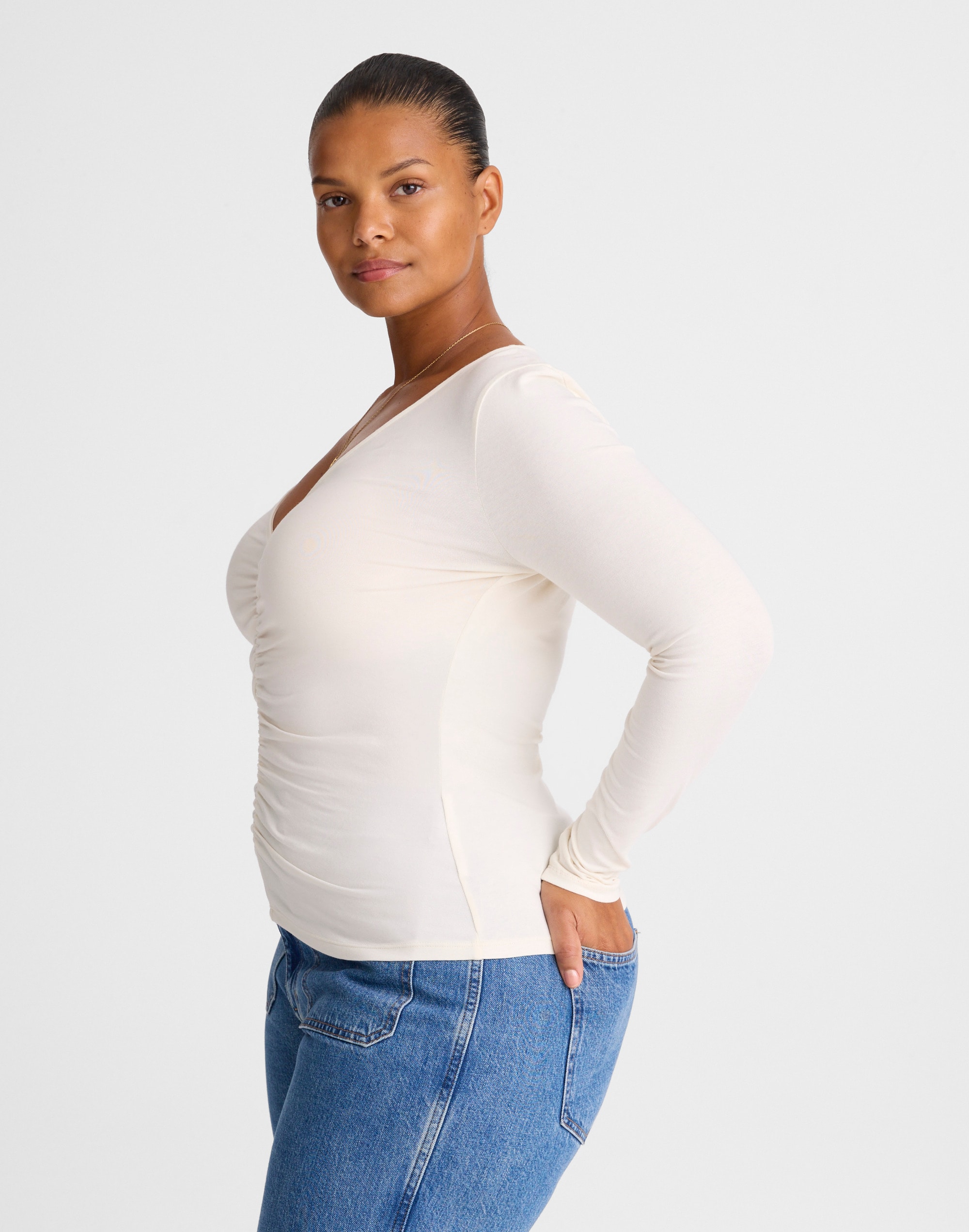 Shirred V-Neck Long-Sleeve Top Alternate Image 3