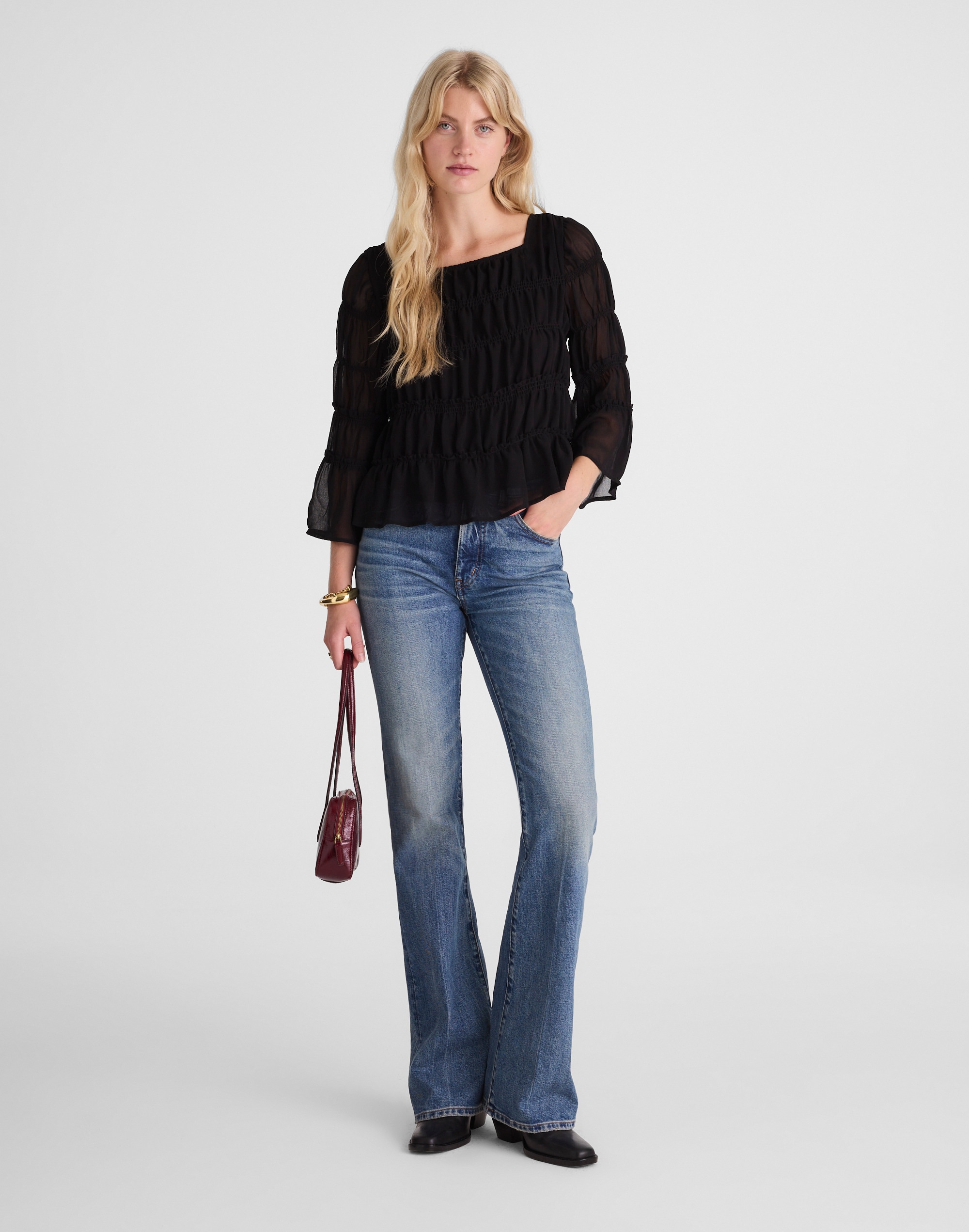 Madewell Square Neck Tiered Top In Black