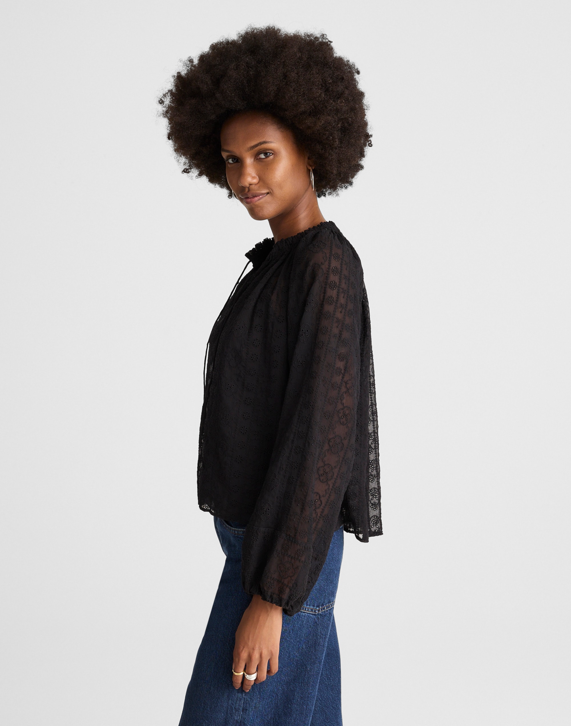 Embroidered Tie-Neck Long-Sleeve Top