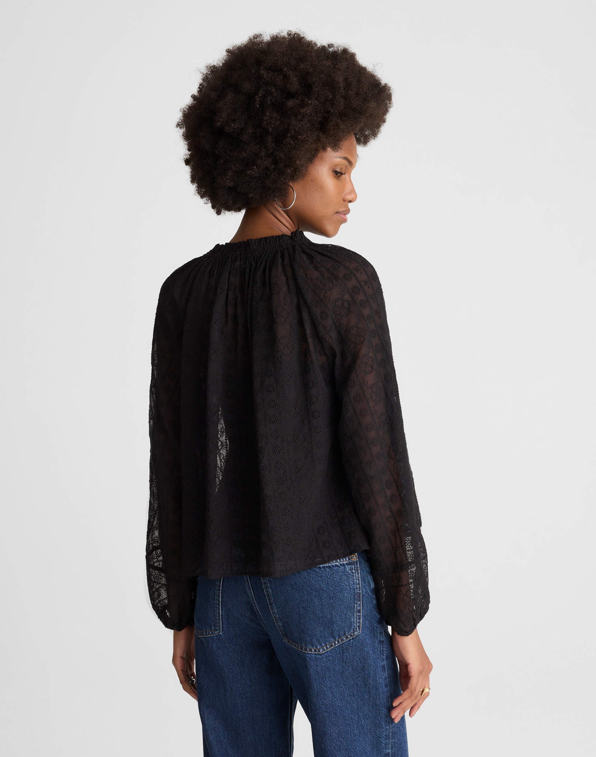 Embroidered Tie-Neck Long-Sleeve Top