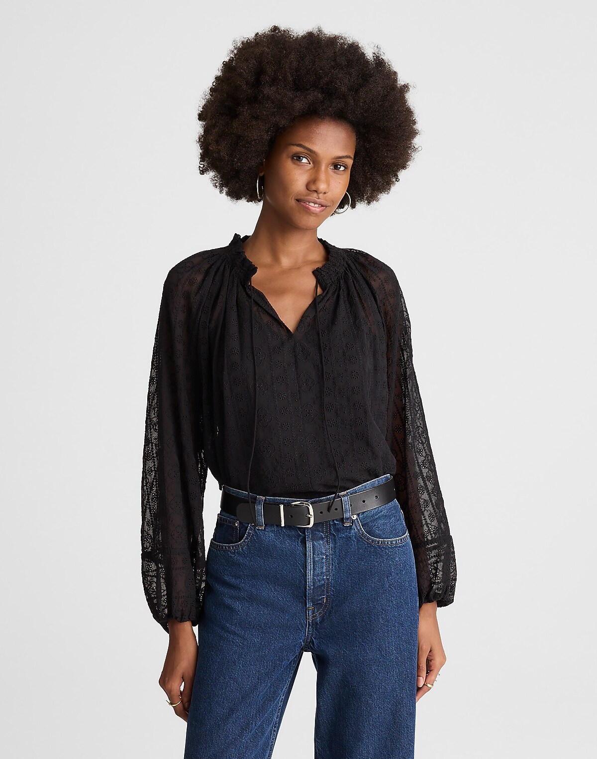 Embroidered Tie-Neck Long-Sleeve Top