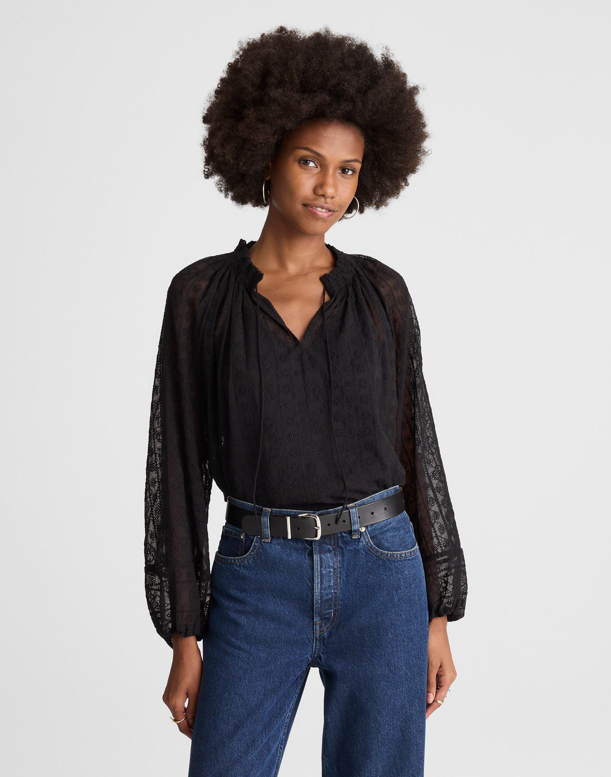 embroidered tie-neck long-sleeve top