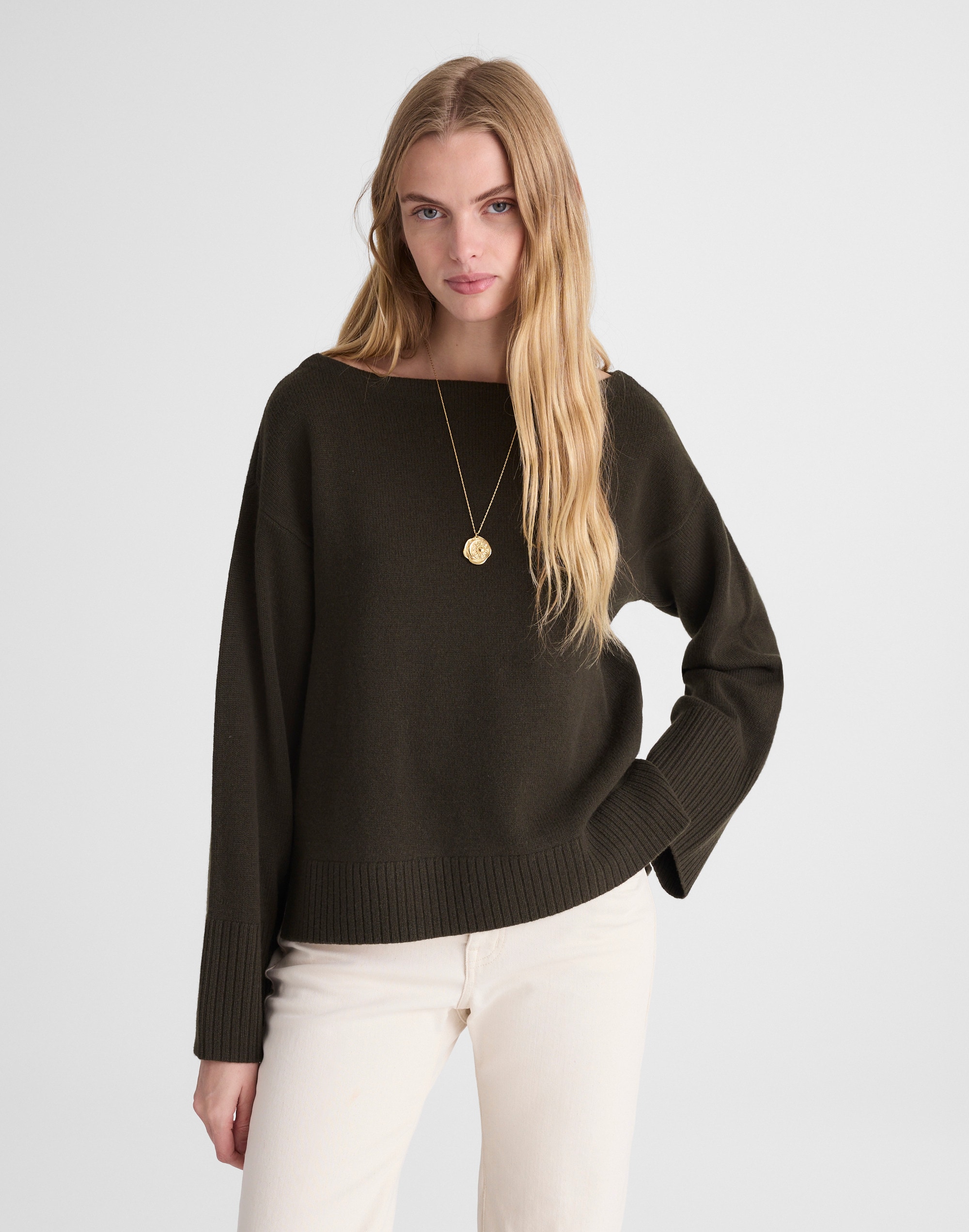 Wide-Cuff Boatneck Sweater in Merino Wool