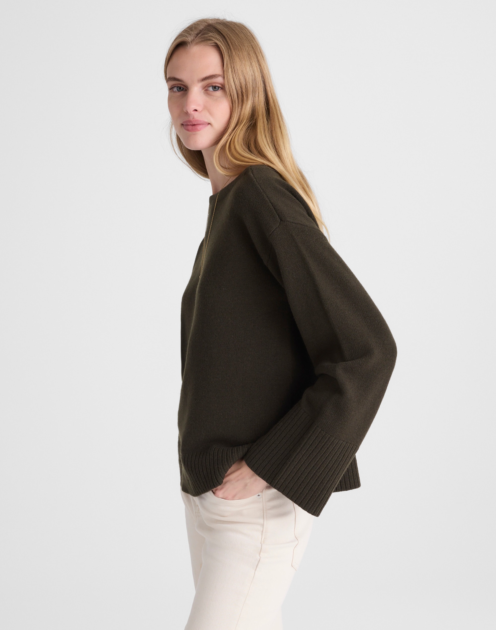 Wide-Cuff Boatneck Sweater in Merino Wool