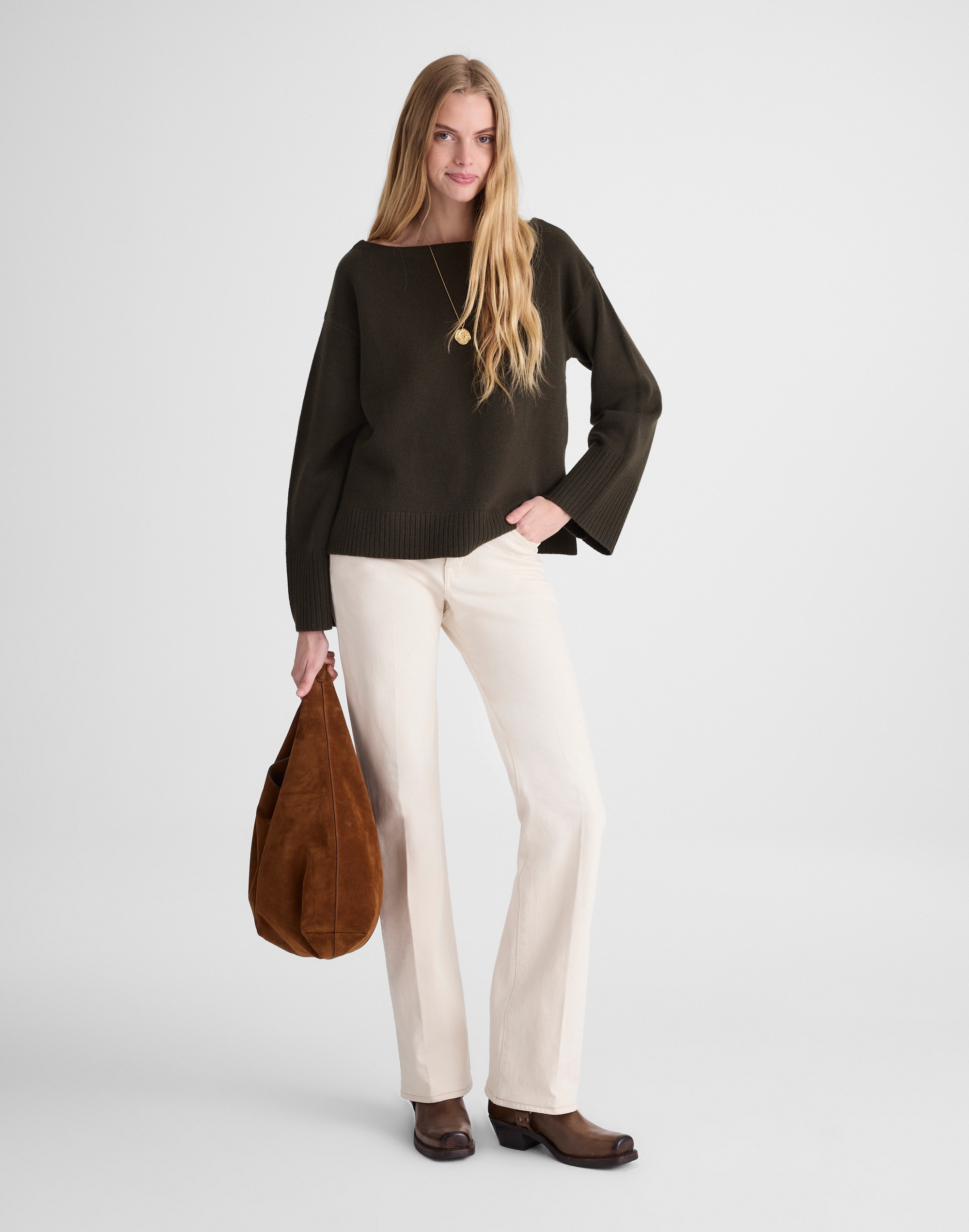 Wide-Cuff Boatneck Sweater in Merino Wool