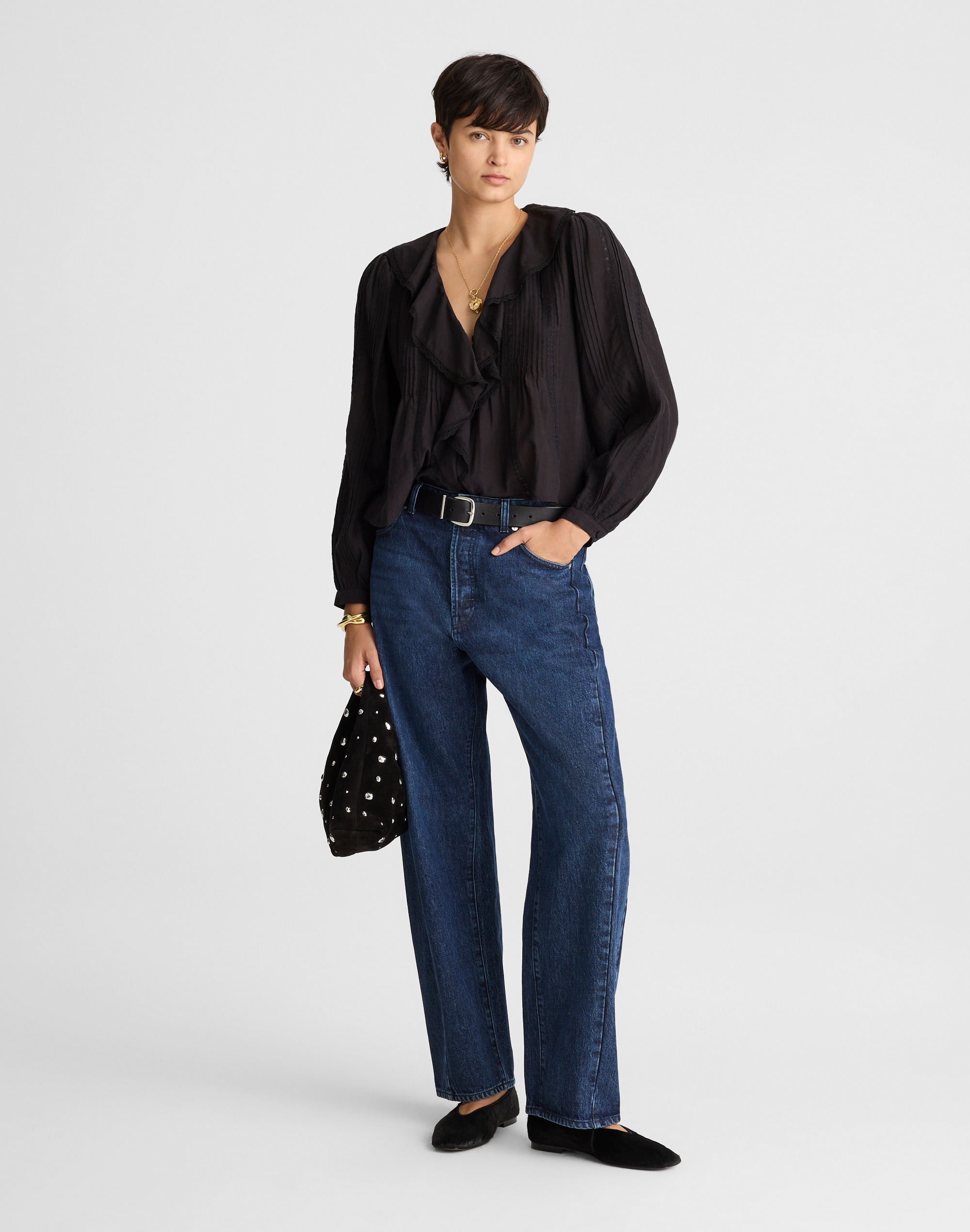 Madewell Lace-insert Ruffled Pintuck Long-sleeve Top In Black