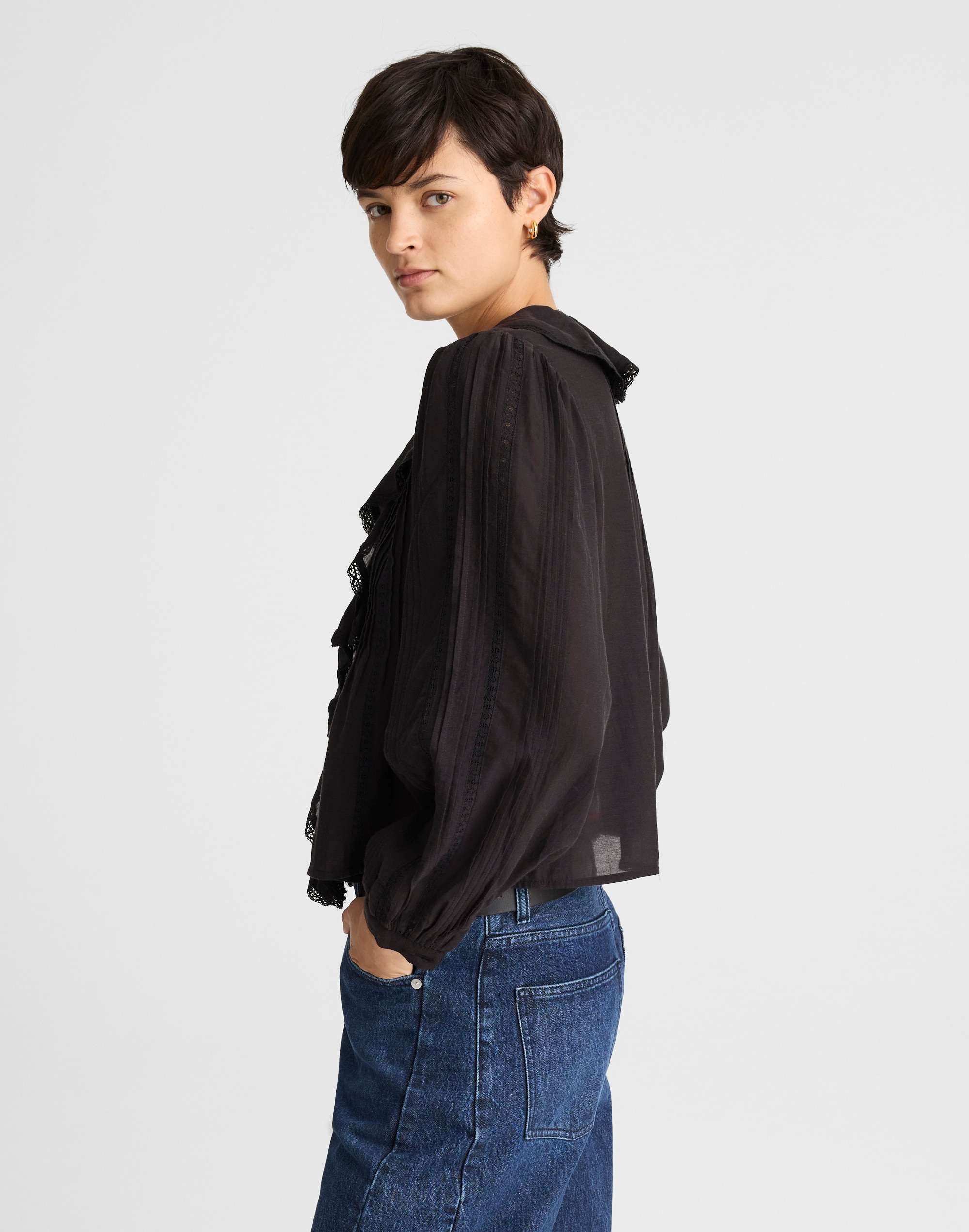 Lace-Insert Ruffled Pintuck Long-Sleeve Top