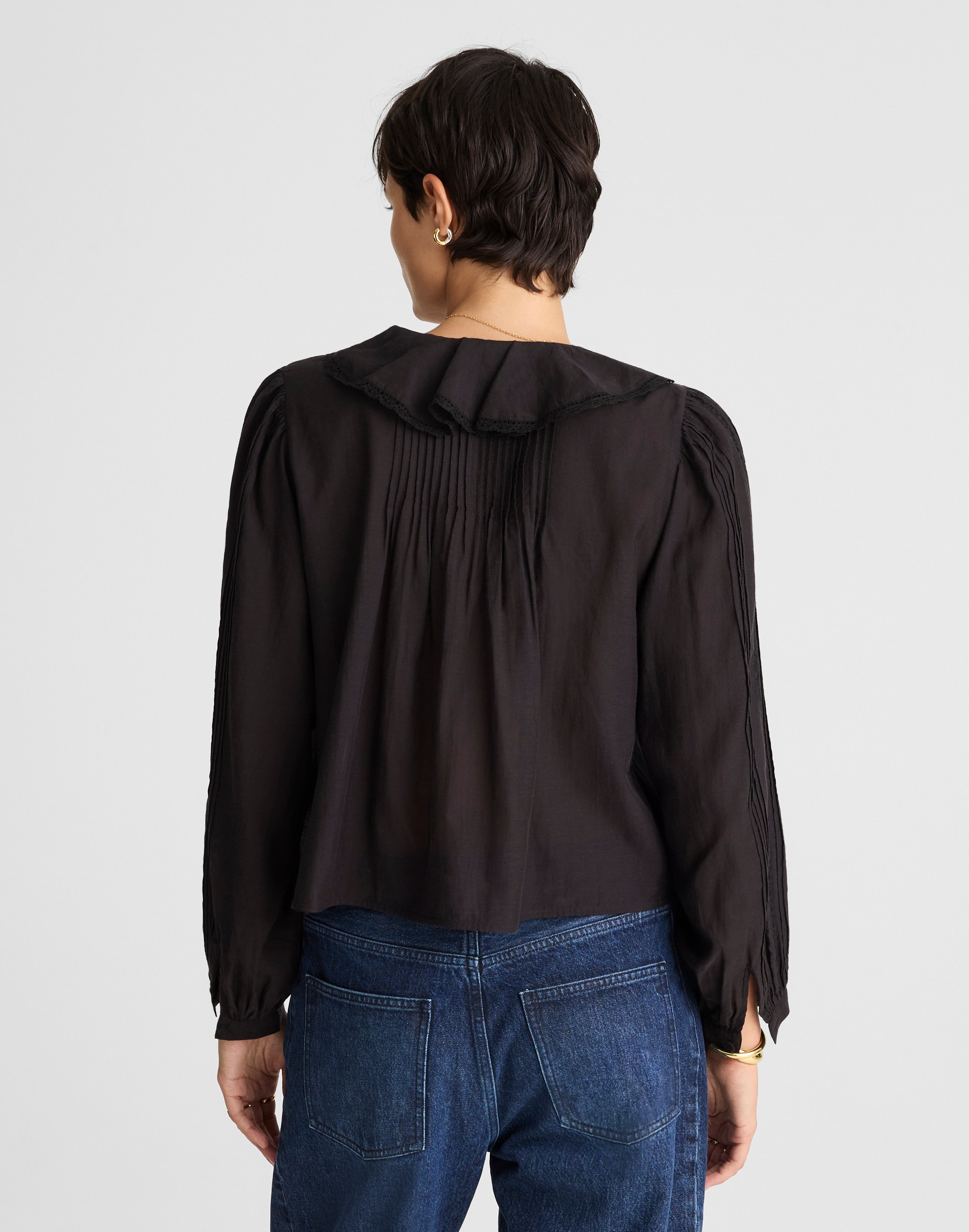 Lace-Insert Ruffled Pintuck Long-Sleeve Top