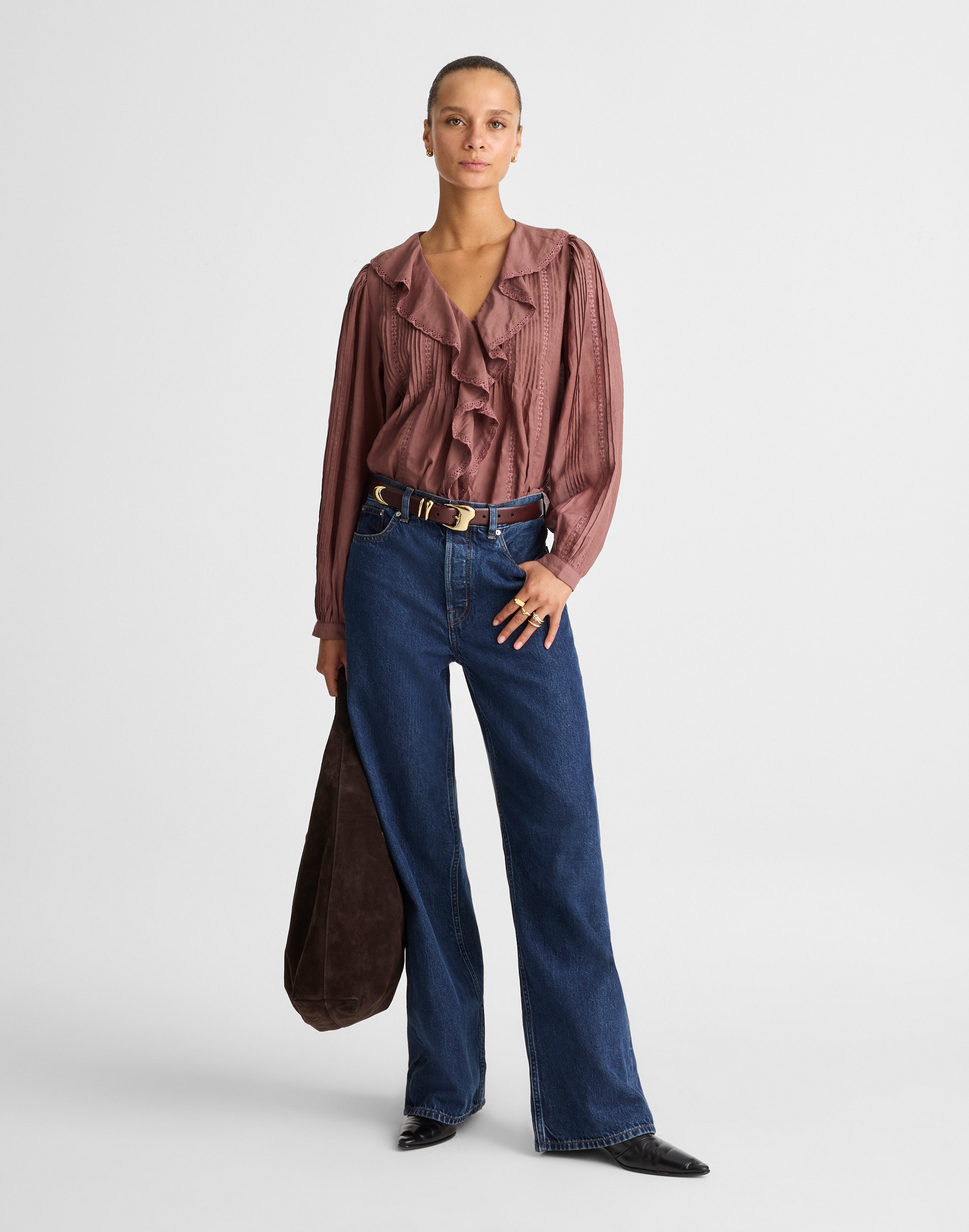 Lace-Insert Ruffled Pintuck Long-Sleeve Top