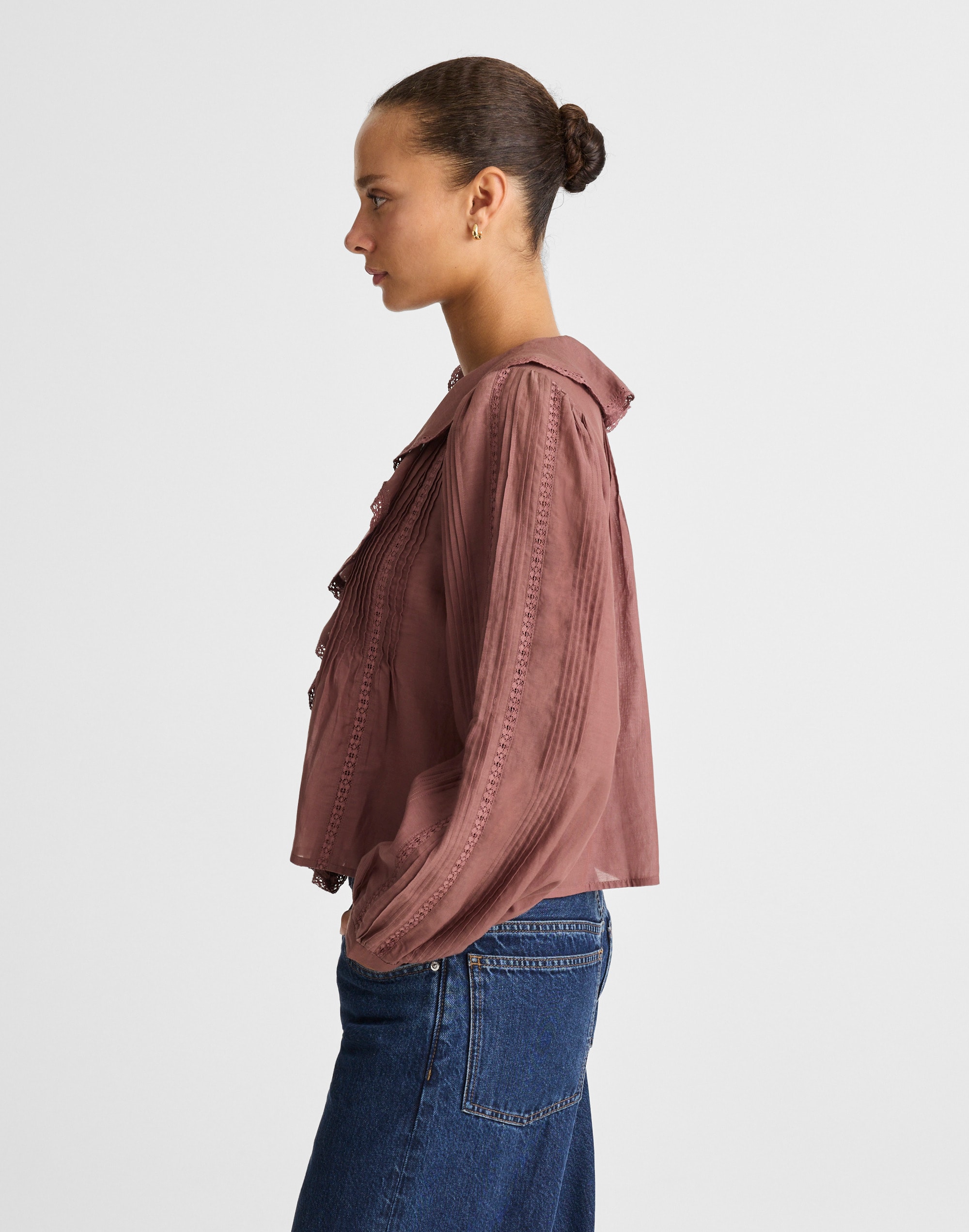 Lace-Insert Ruffled Pintuck Long-Sleeve Top