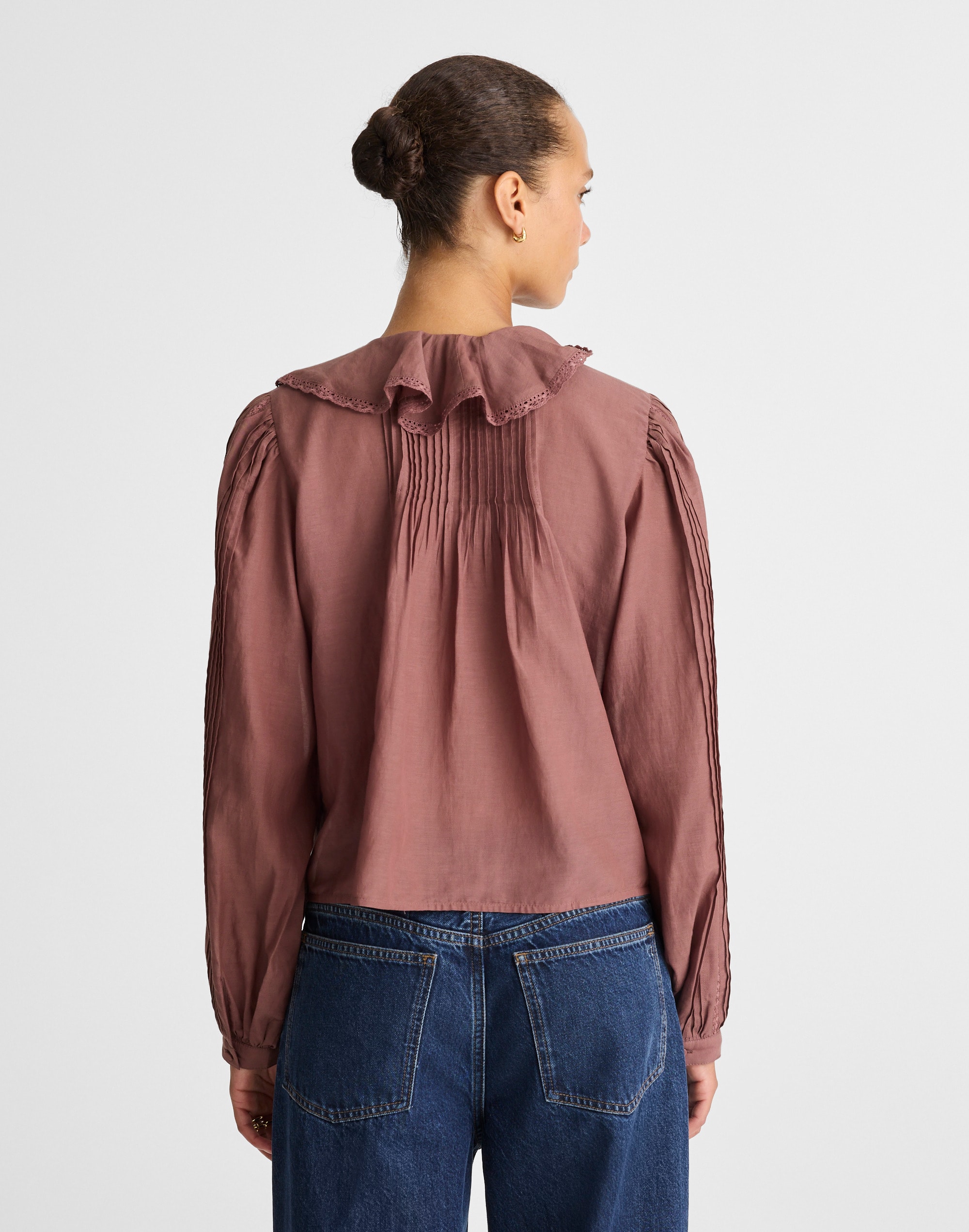 Lace-Insert Ruffled Pintuck Long-Sleeve Top