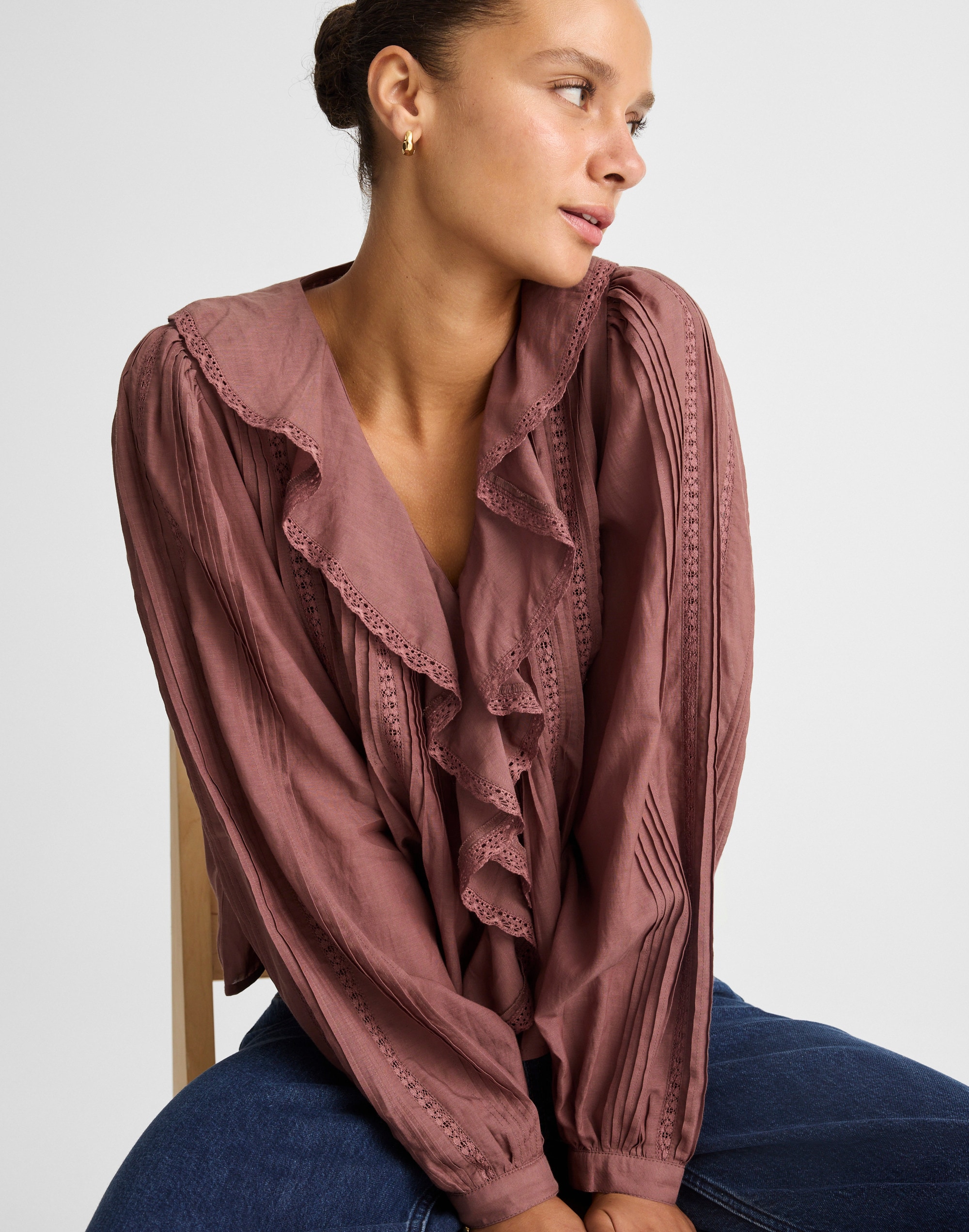 Lace-Insert Ruffled Pintuck Long-Sleeve Top