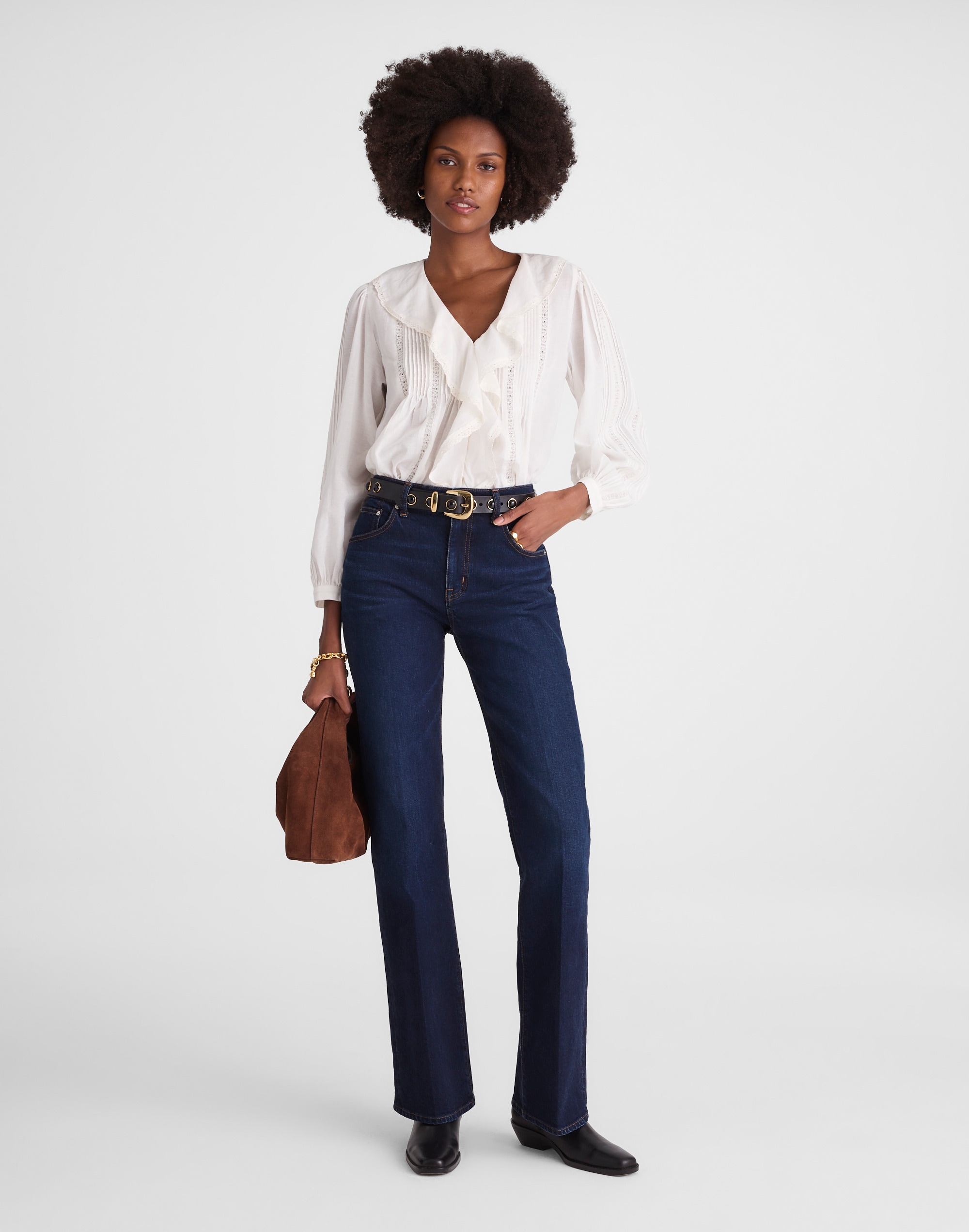 Madewell Lace-insert Ruffled Pintuck Long-sleeve Top In White