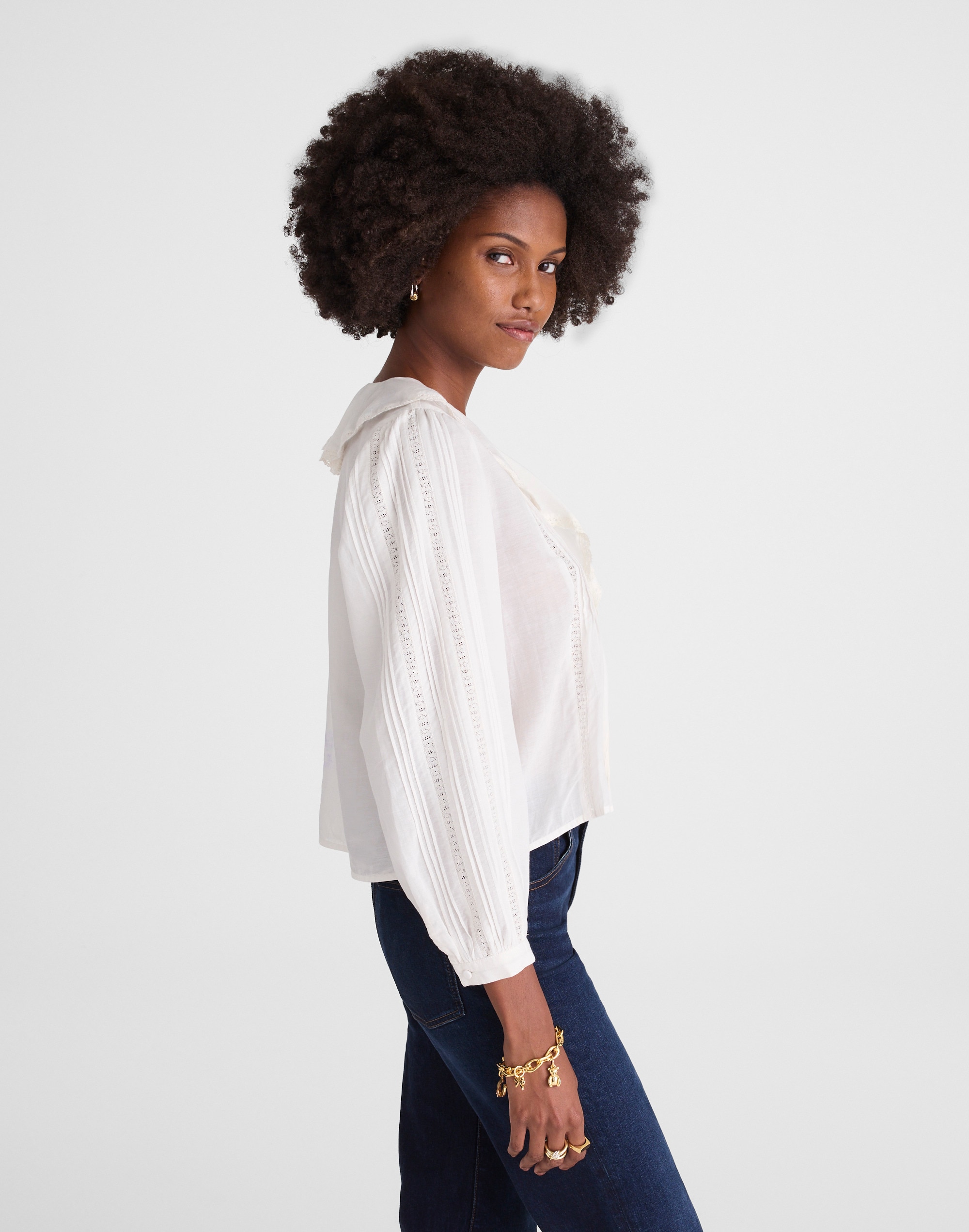 Lace-Insert Ruffled Pintuck Long-Sleeve Top