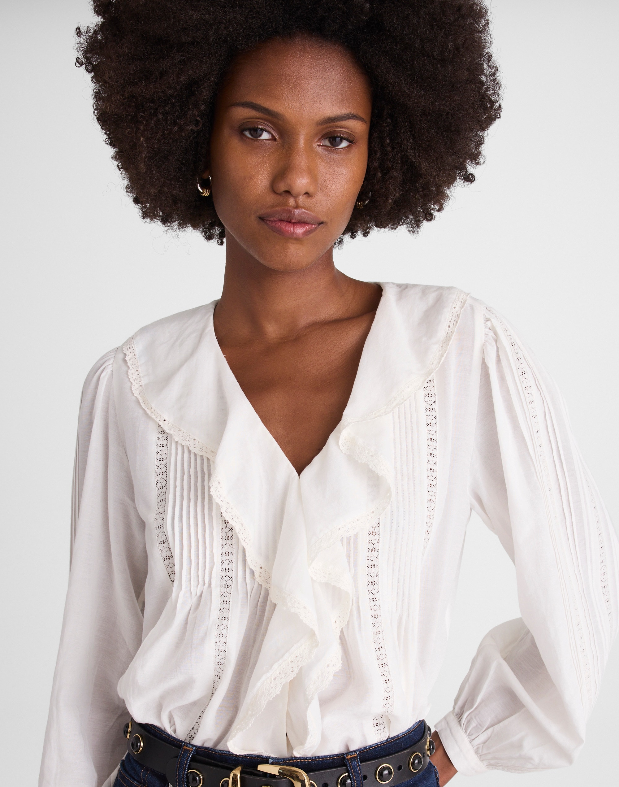 Lace-Insert Ruffled Pintuck Long-Sleeve Top